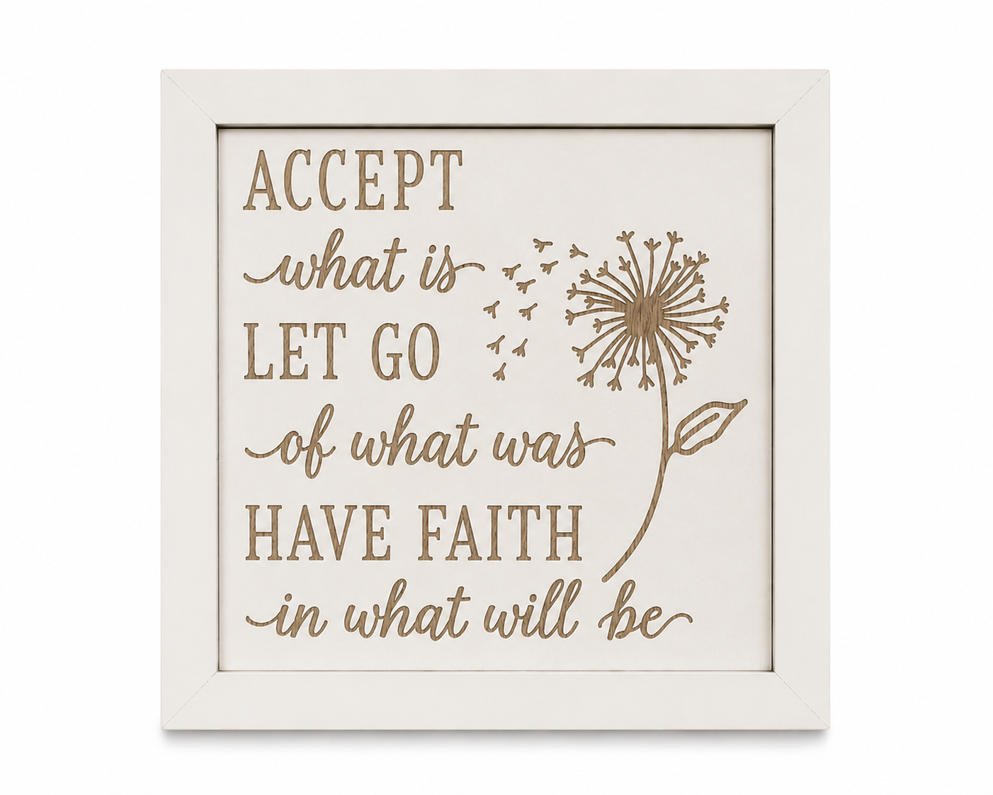 Accept What Is engraved birch wood sign with white frame - product flat lay