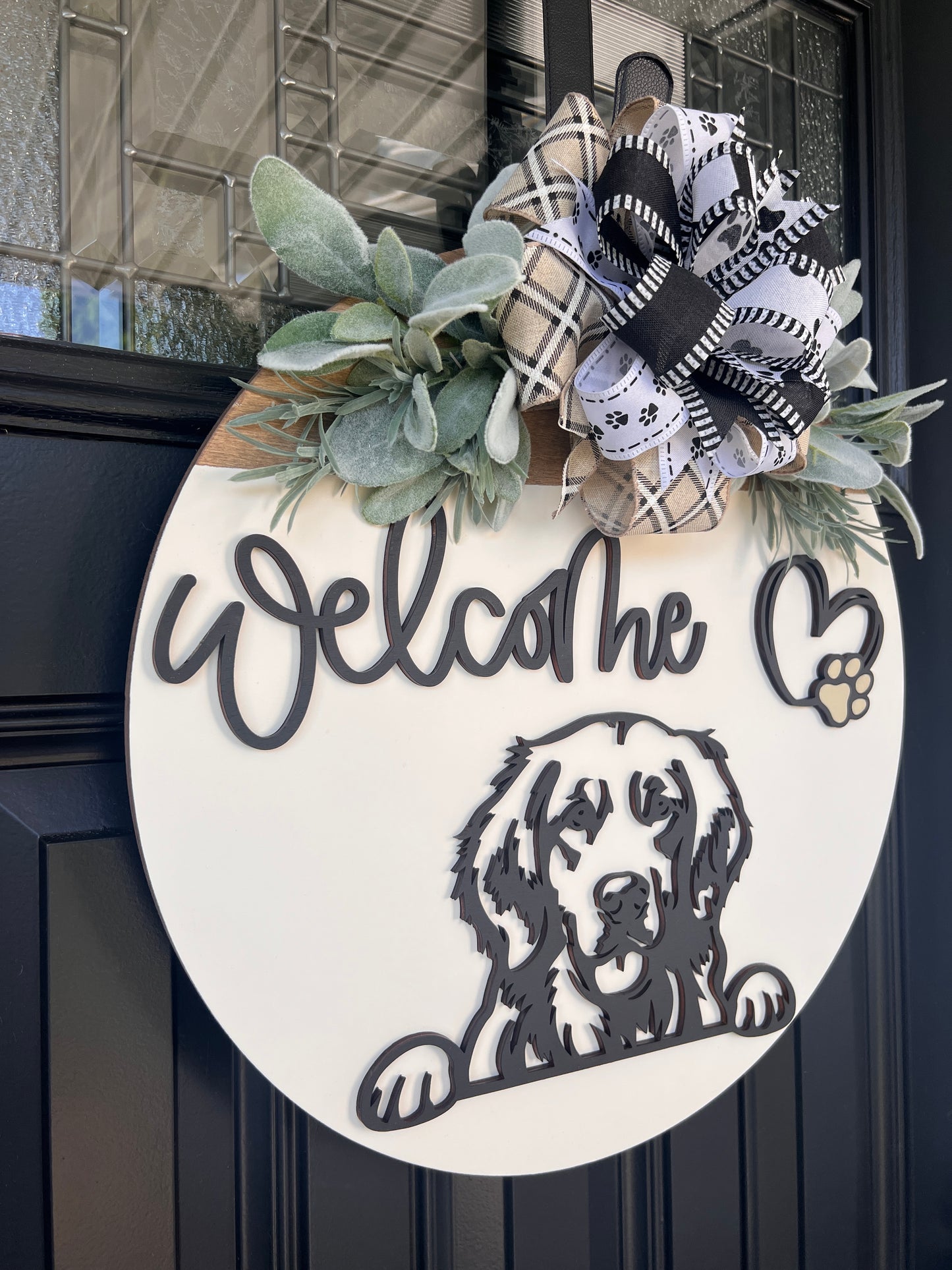 Custom pet lover front door sign with Golden Retriever silhouette.
