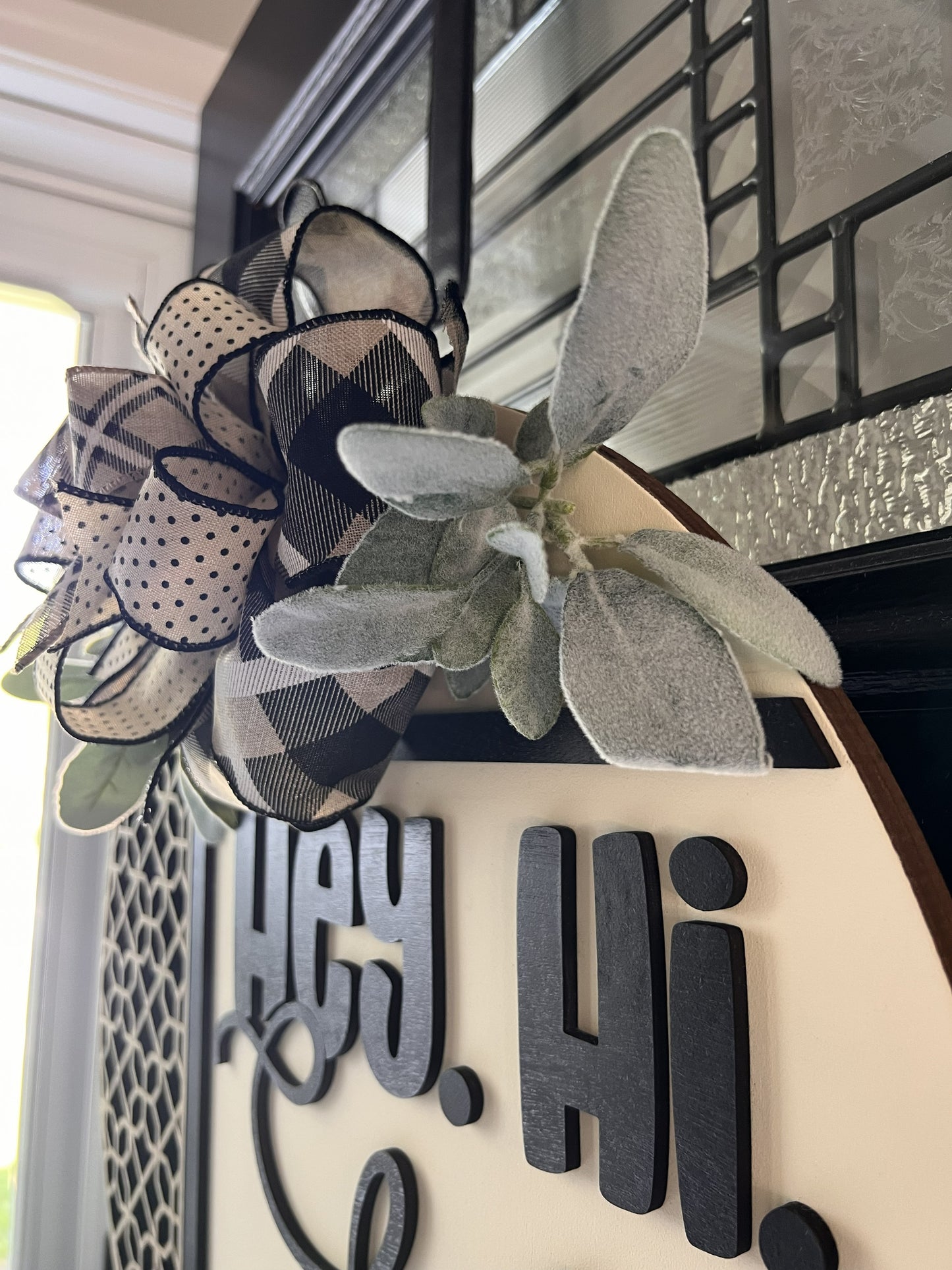 Decorative door hanger, hey hi hello with flowers and birwood overlay