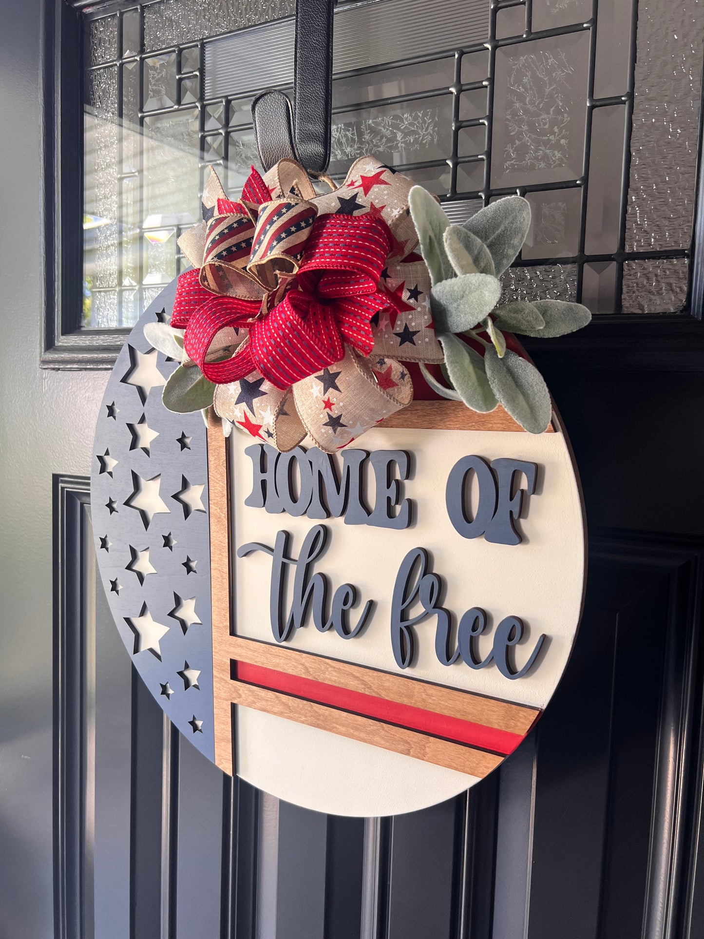 Patriotic “Home of the Free” Wooden Door Hanger – 18” Round
