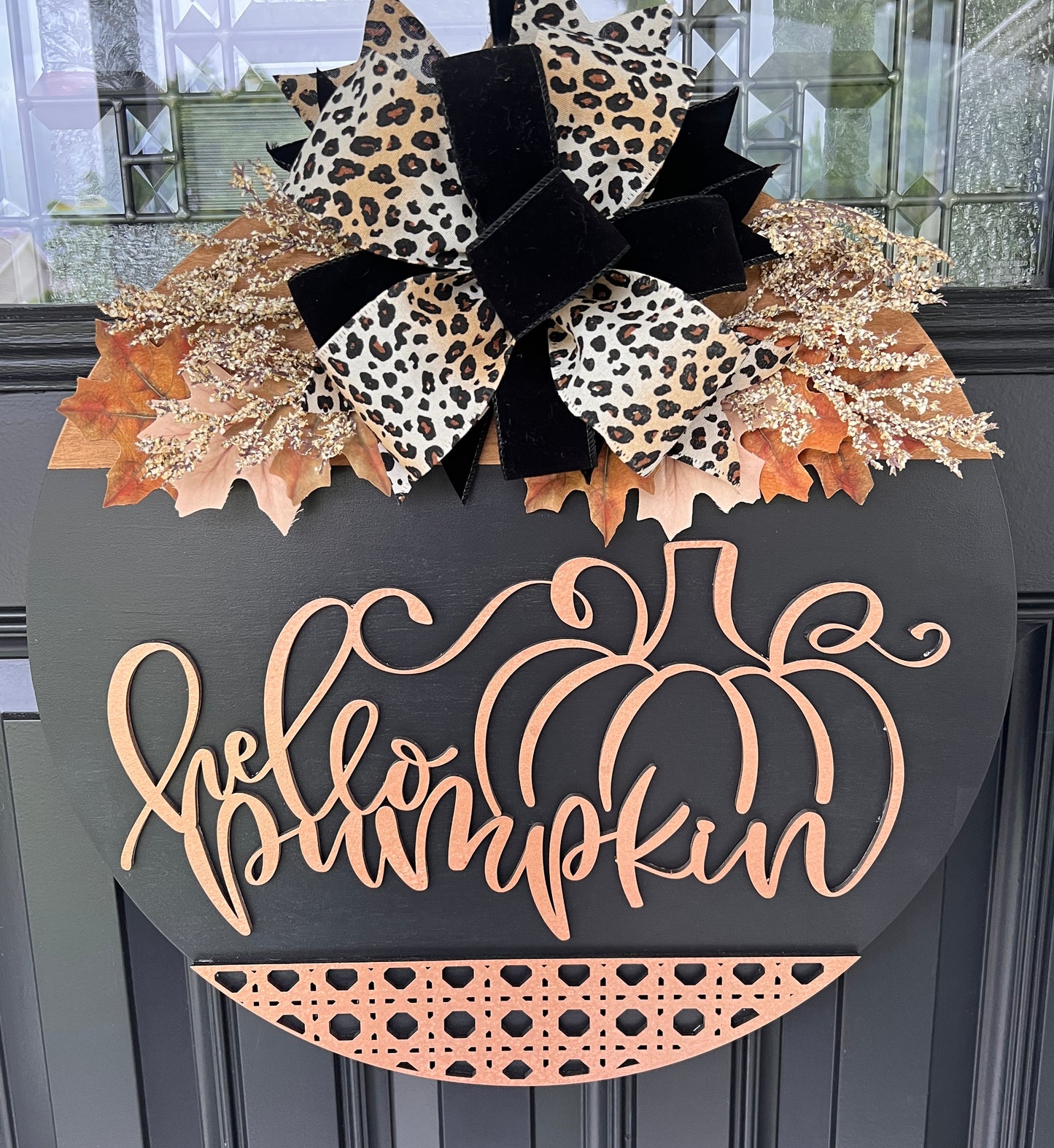 Hello Pumpkin black door hanger bow detail with leopard print and black velvet ribbons and gold botanicals