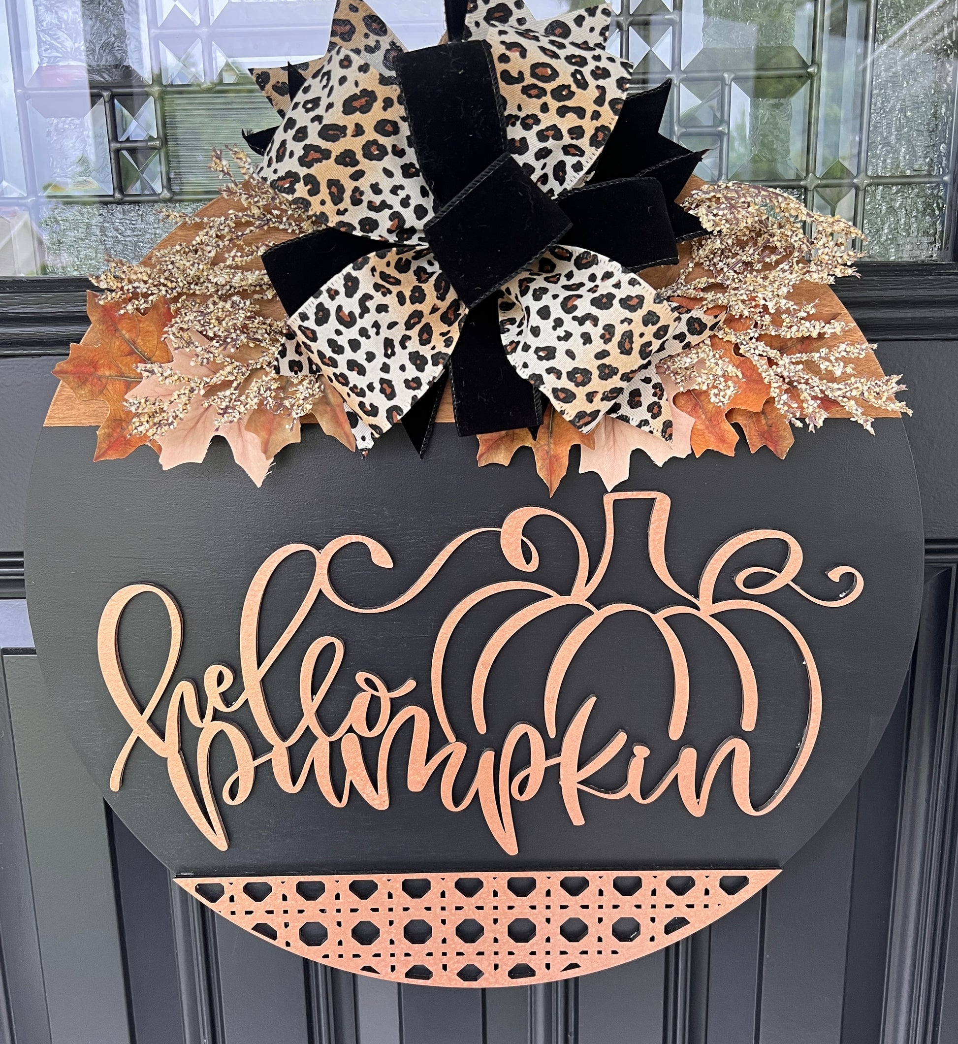 Hello Pumpkin black door hanger bow detail with leopard print and black velvet ribbons and gold botanicals