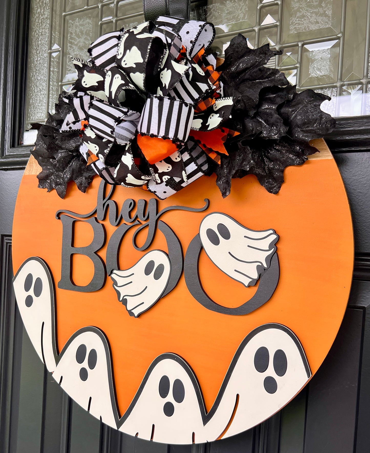Hey BOO Halloween Ghost Door Hanger | Spooky Front Door Decor | Handmade Wooden Halloween Sign | Farmhouse Halloween Porch Decor