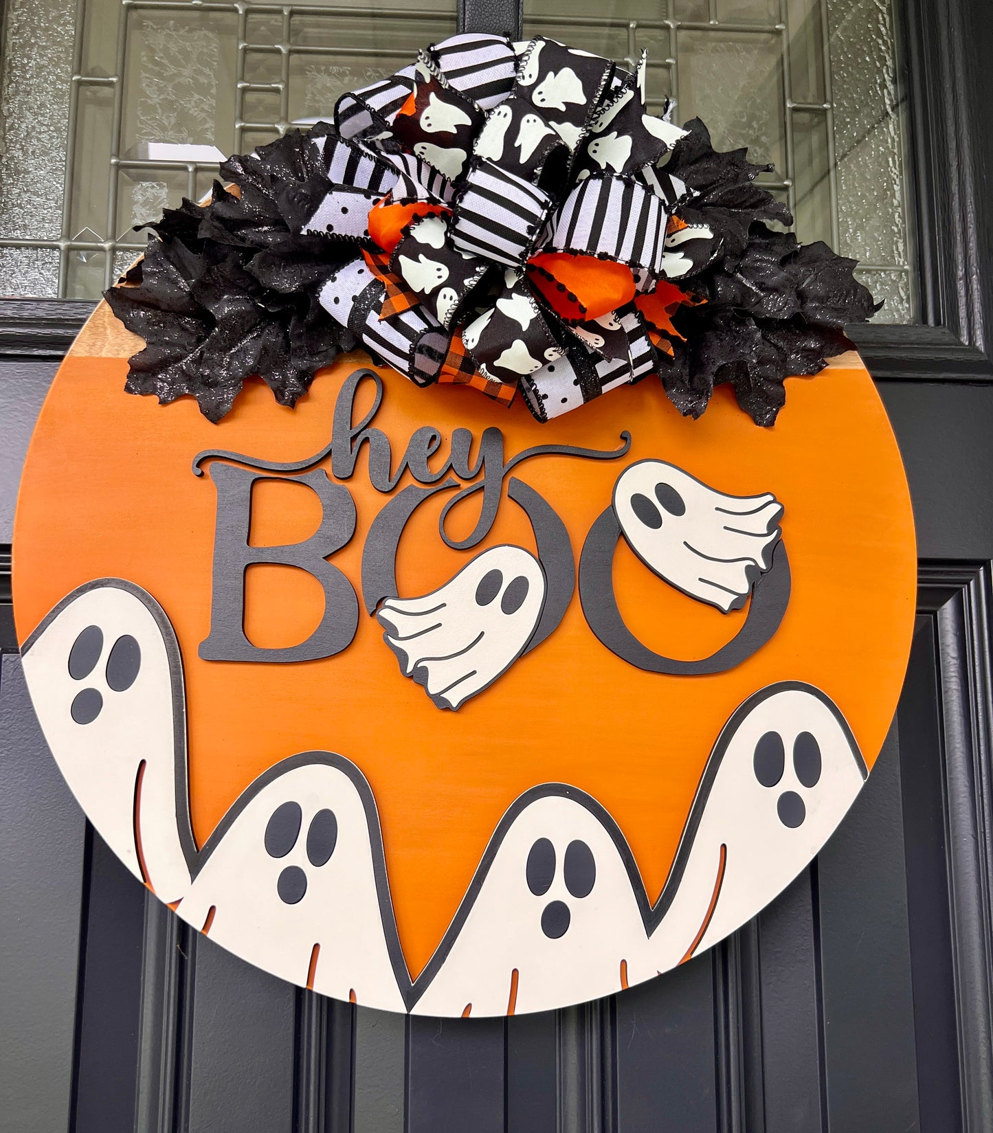 Hey BOO Halloween Ghost Door Hanger | Spooky Front Door Decor | Handmade Wooden Halloween Sign | Farmhouse Halloween Porch Decor