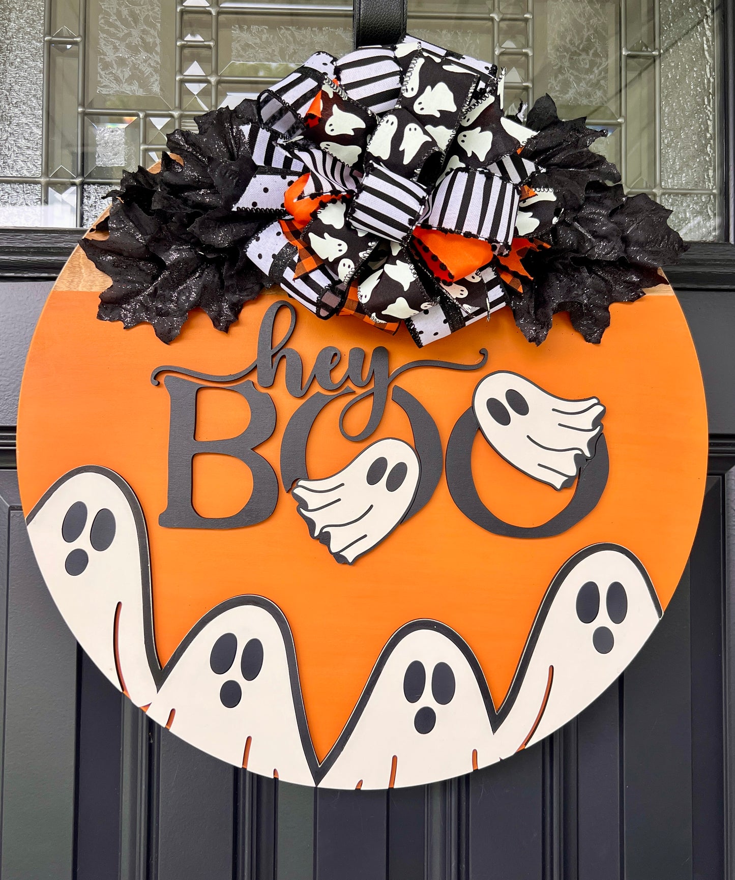 Hey BOO Halloween door hanger birchwood ghost sign detail