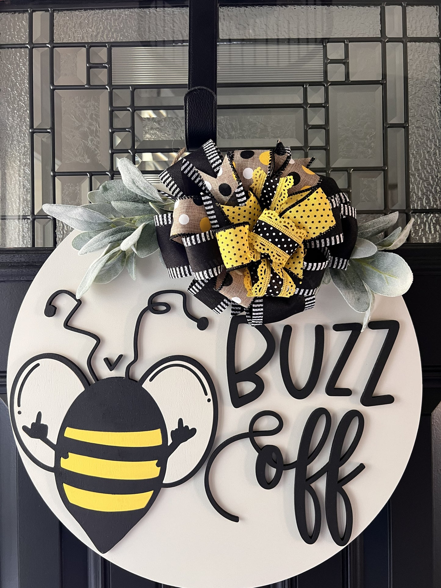 Funny bee sign handmade wooden door hanger with bow greenery