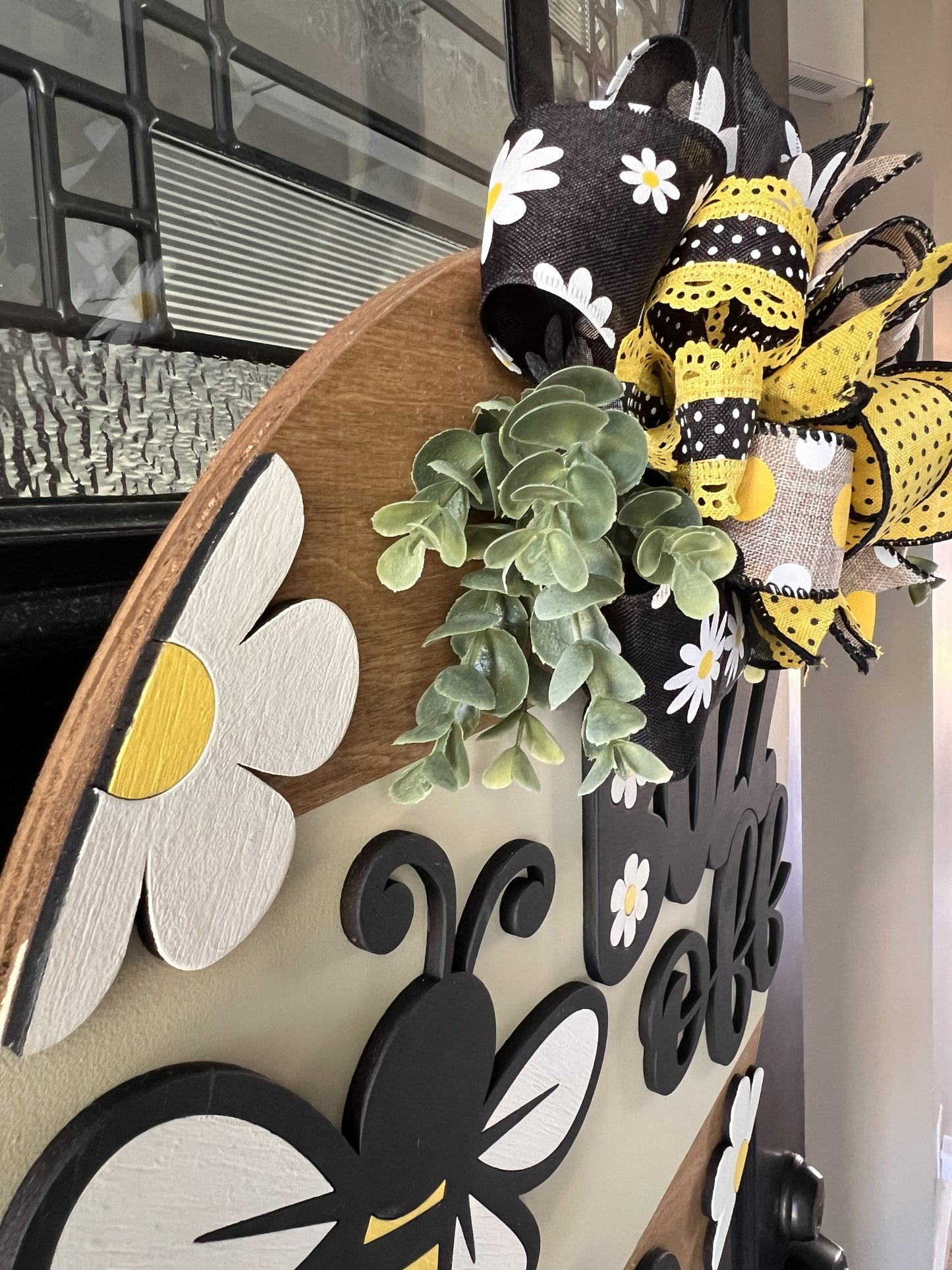 Buzz off Door Hanger with floral accents, bow and greenery 