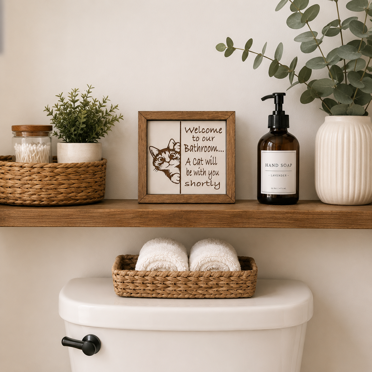 Welcome to Our Bathroom A Cat Will Be With You Shortly engraved birch wood sign with peeking cat graphic, styled on a white bathroom shelf with green plant and cotton swab jar
