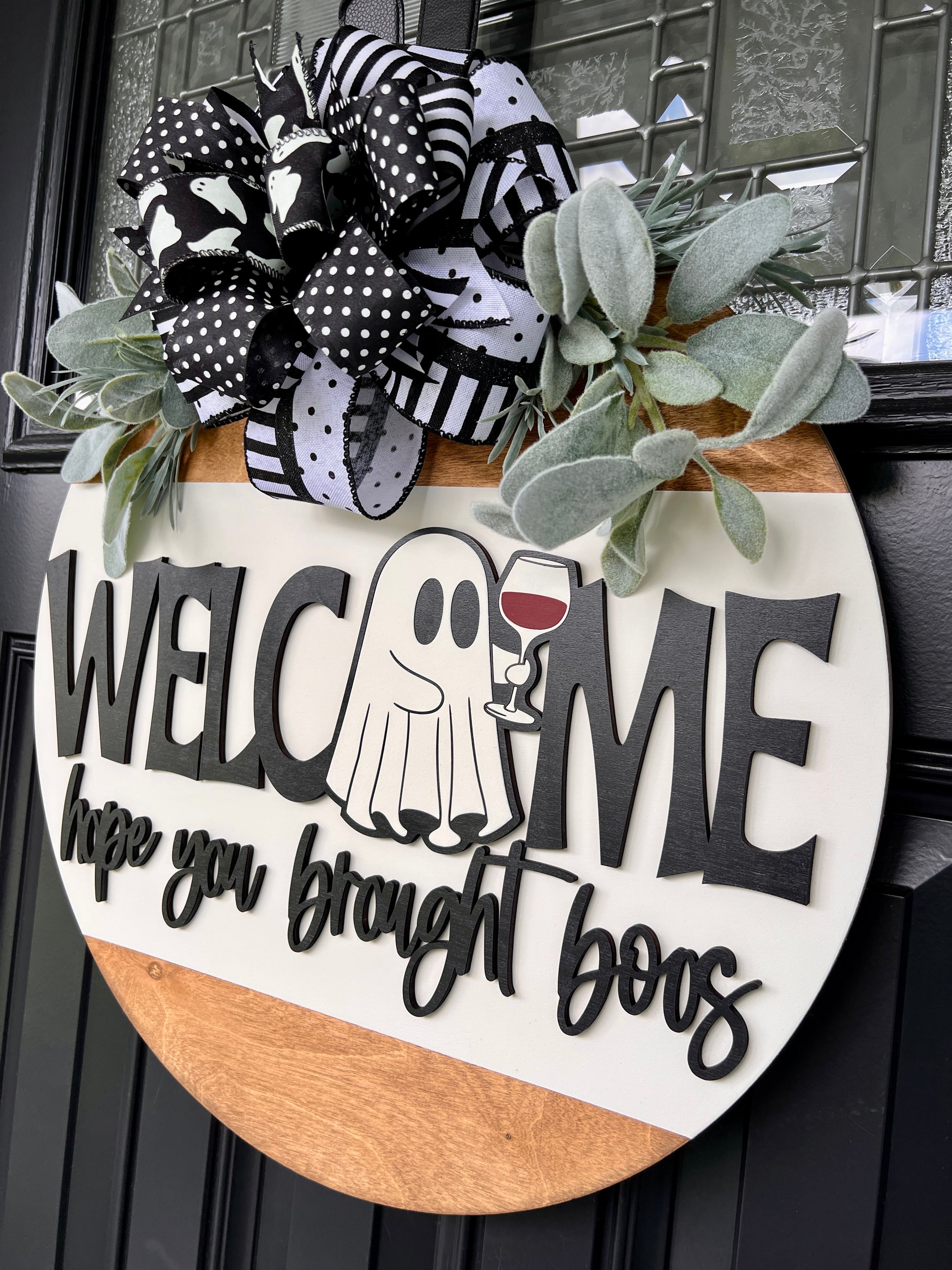 Welcome Hope You Brought Boos Halloween sign close up of hope you brought boos script lettering
