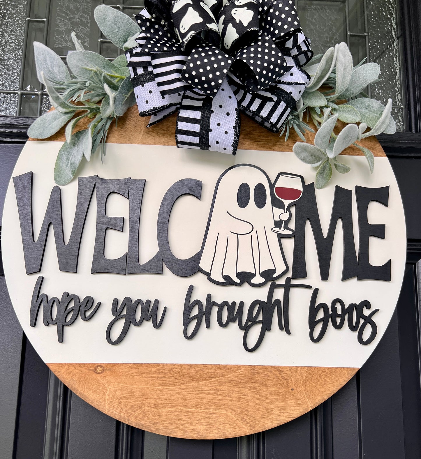 Welcome Hope You Brought Boos door hanger full view showing two-tone birchwood with white panel and natural wood base