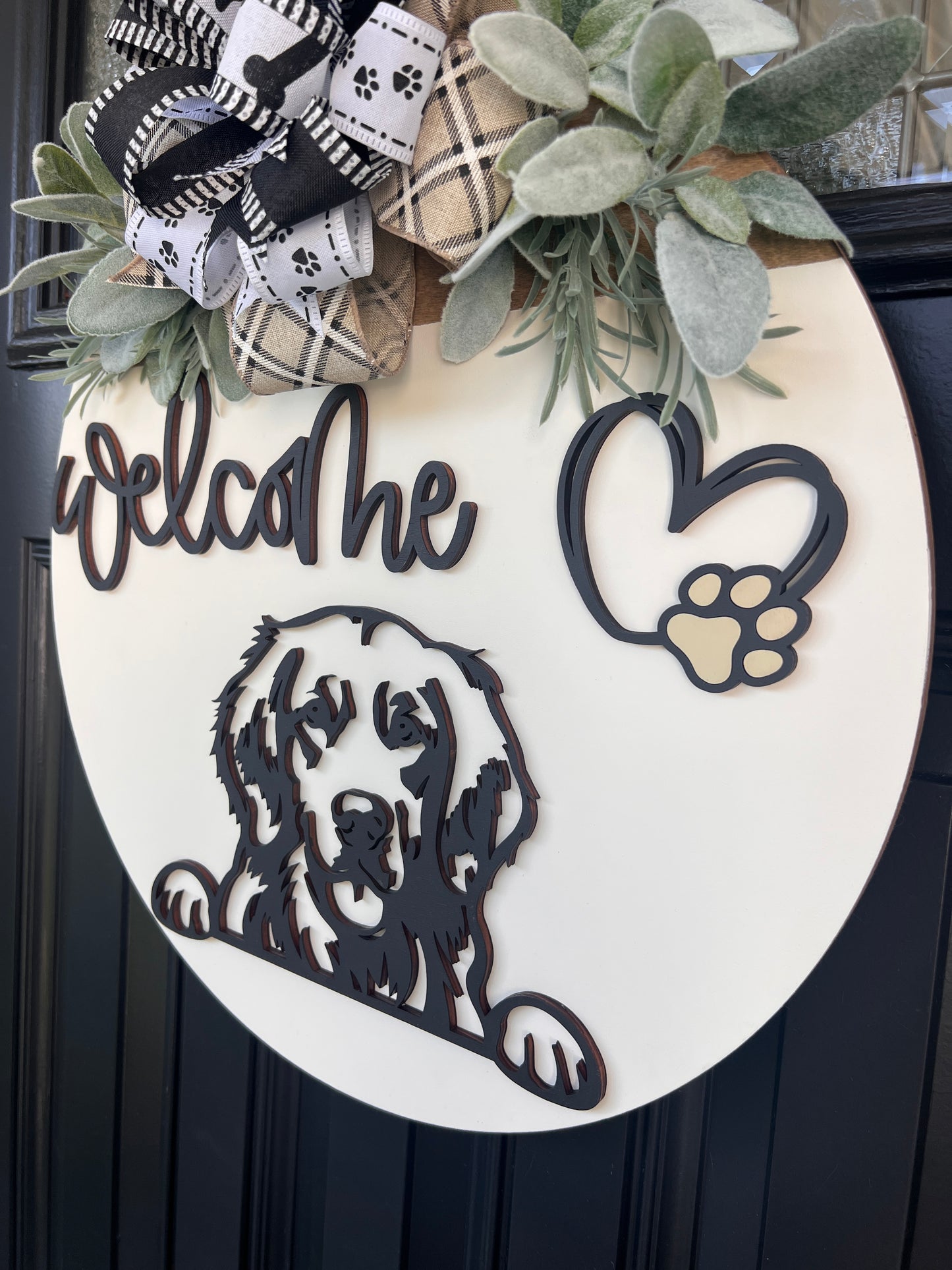 Custom pet lover front door sign with Golden Retriever silhouette.