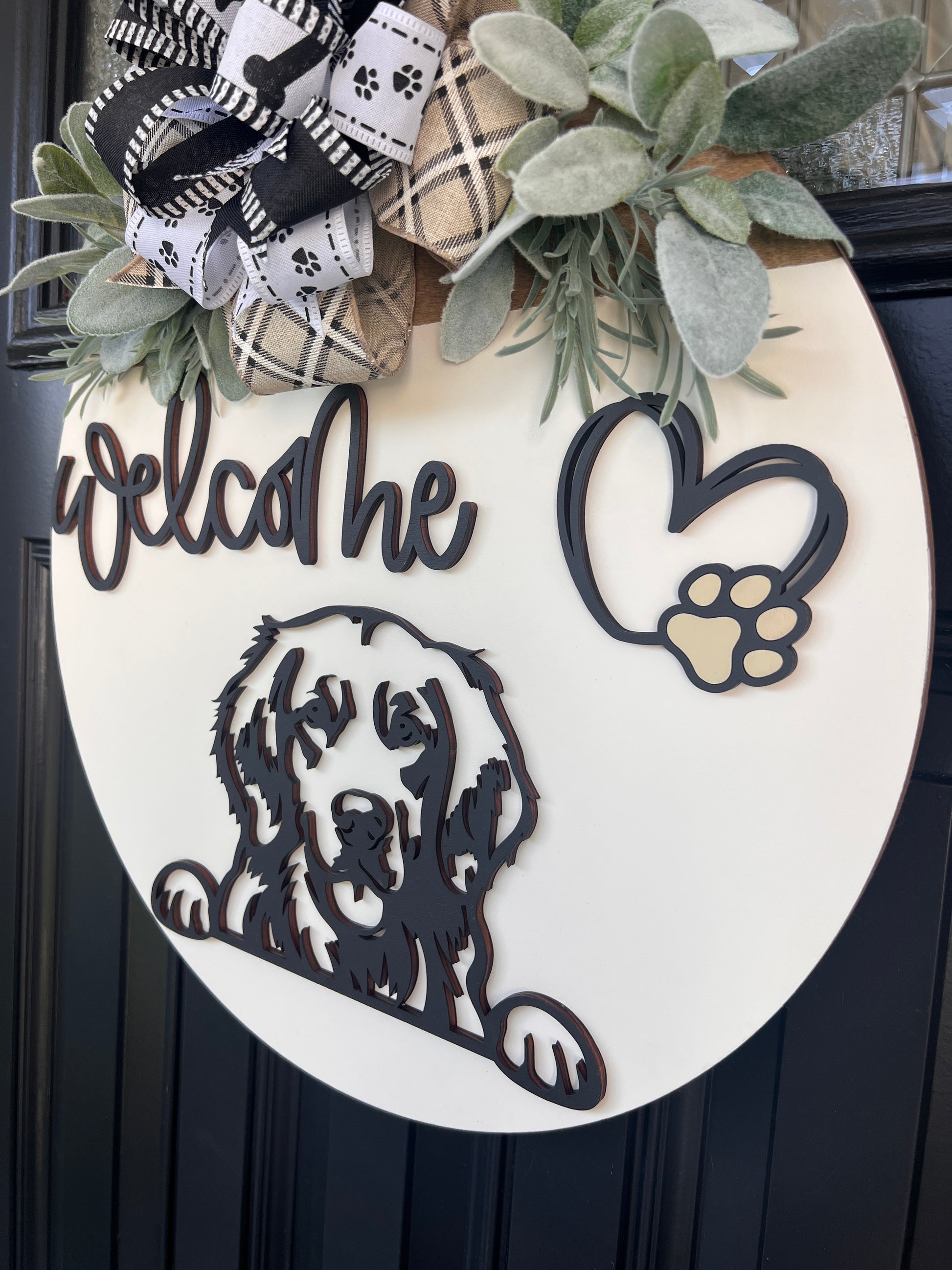 Custom pet lover front door sign with Golden Retriever silhouette.