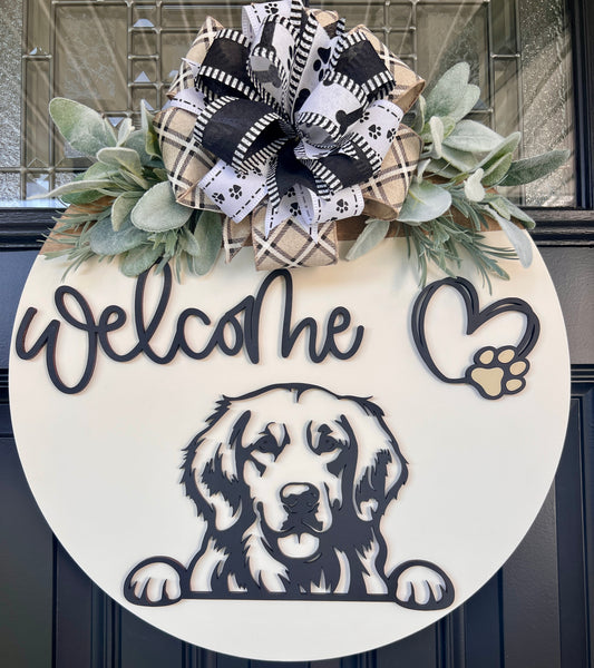 Personalized Golden Retriever welcome door hanger with layered wood design.