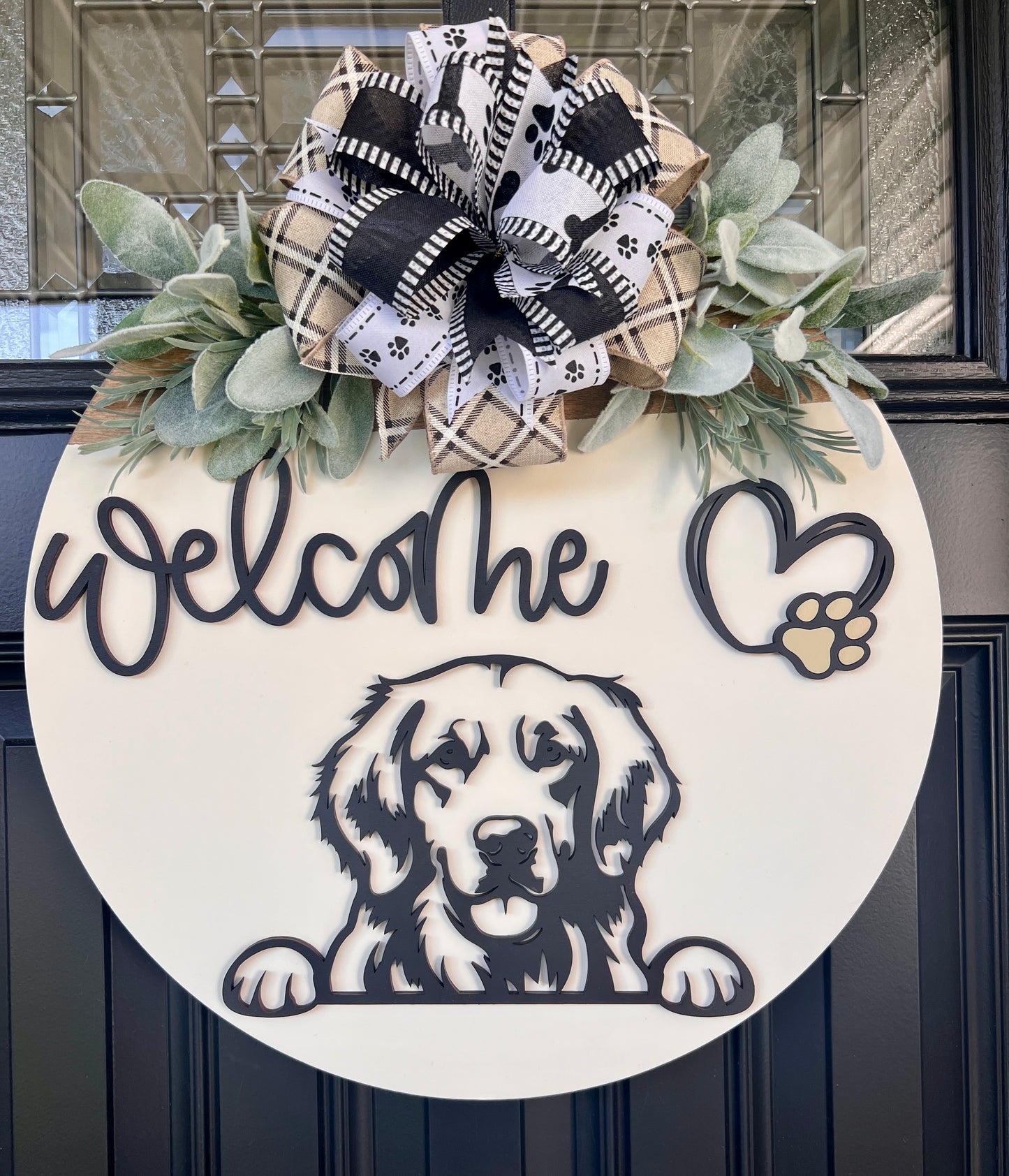 Custom pet lover front door sign with Golden Retriever silhouette.