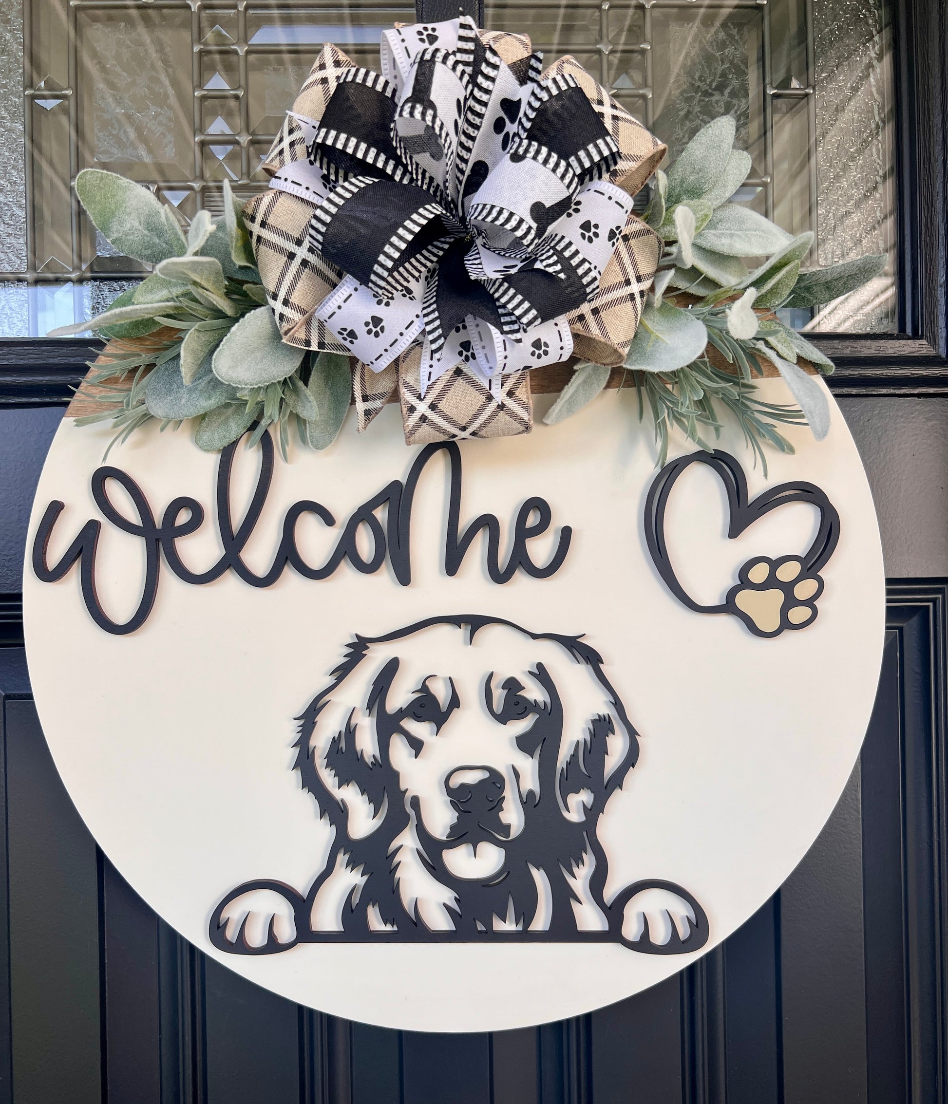 Custom pet lover front door sign with Golden Retriever silhouette.