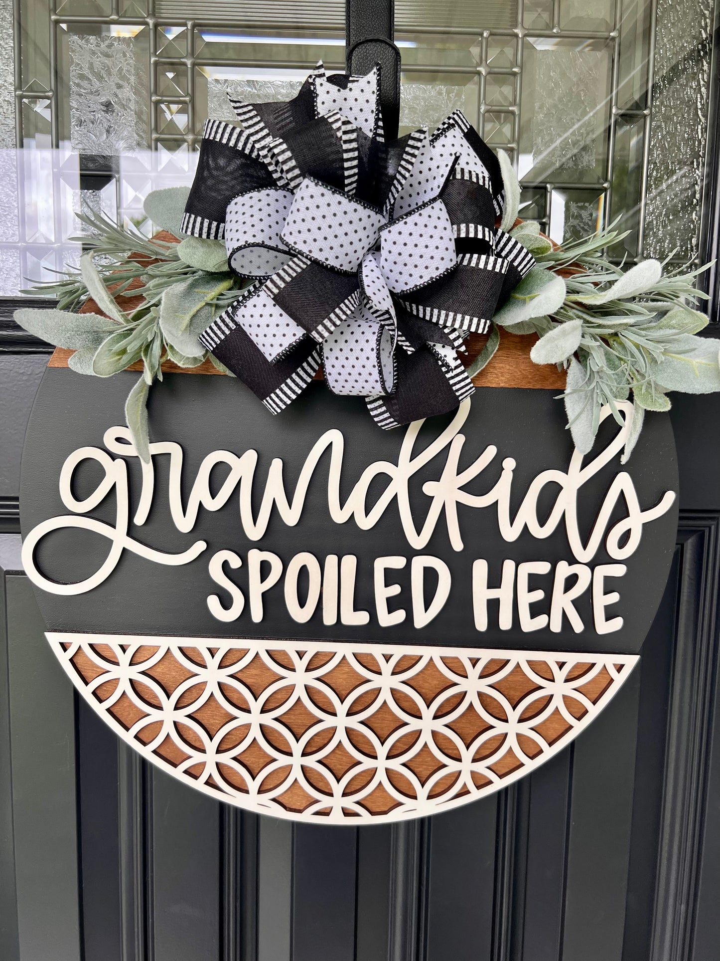 Grandkids Spoiled Here farmhouse front door sign for grandparents