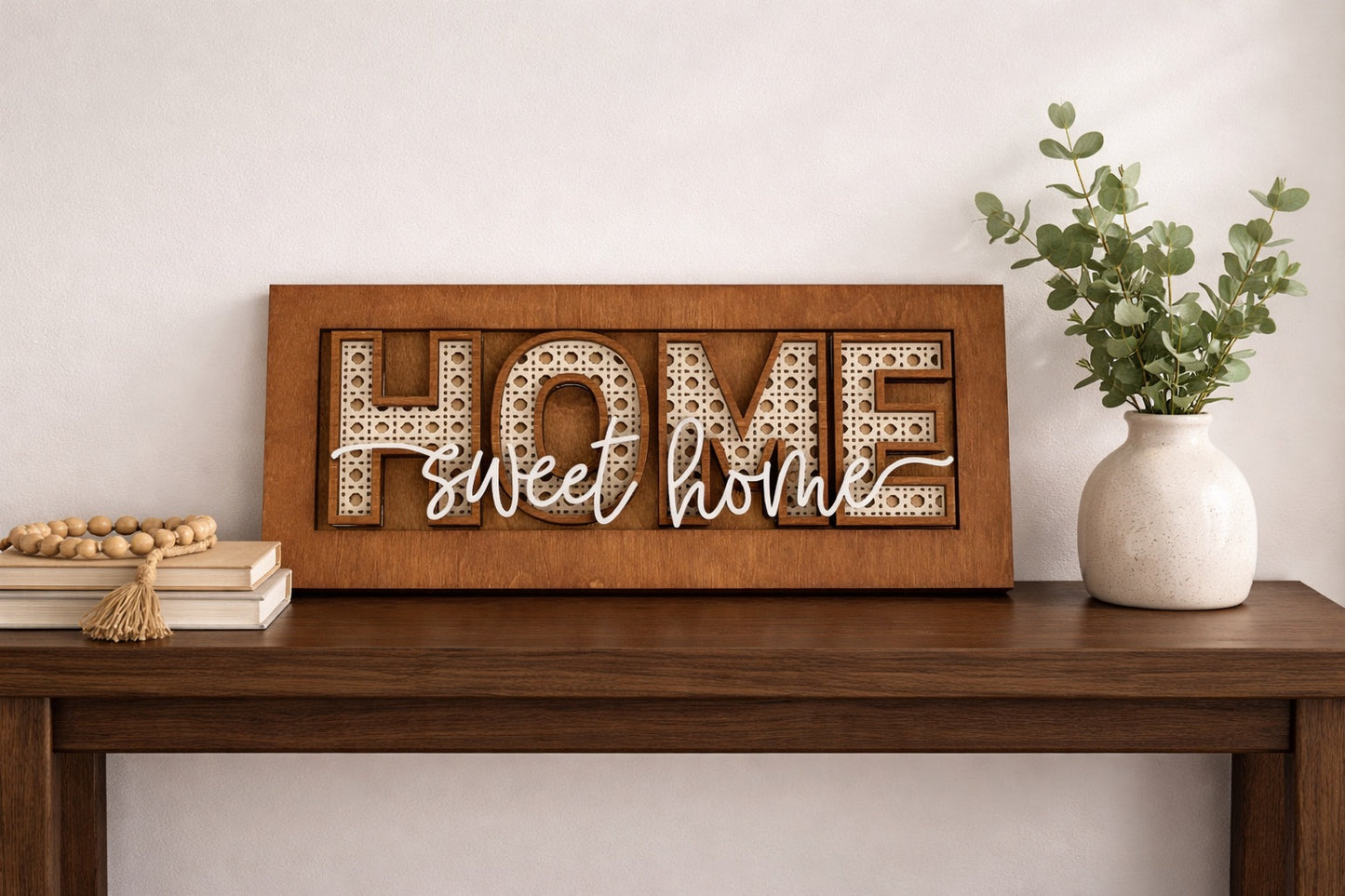Home Sweet Home Layered Wood Sign | Rattan Farmhouse Decor | Entryway Sign | Housewarming Gift