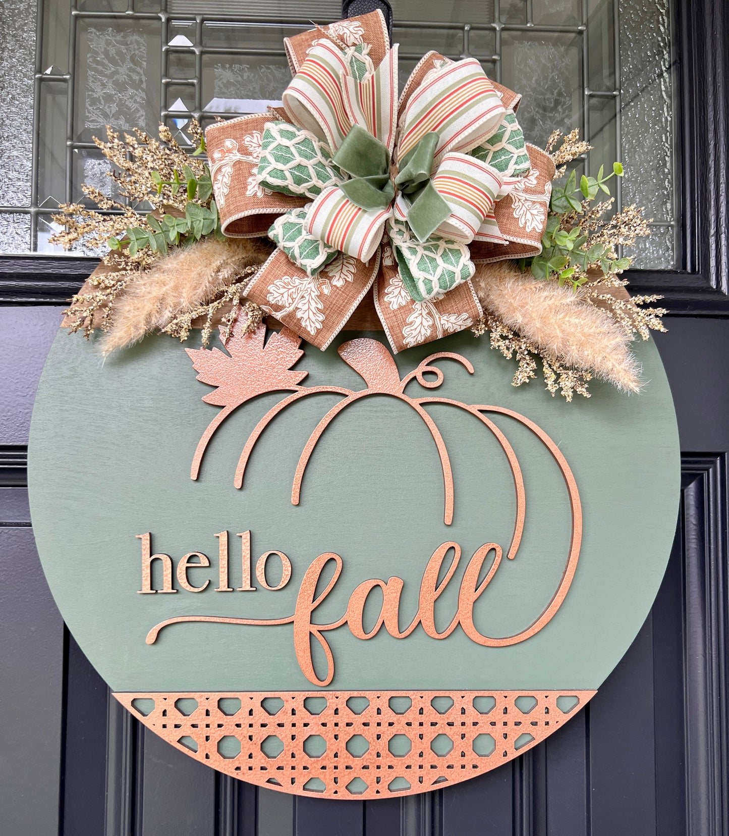Heirloom Sage and Copper Hello Fall Pumpkin Door Hanger - bow detail