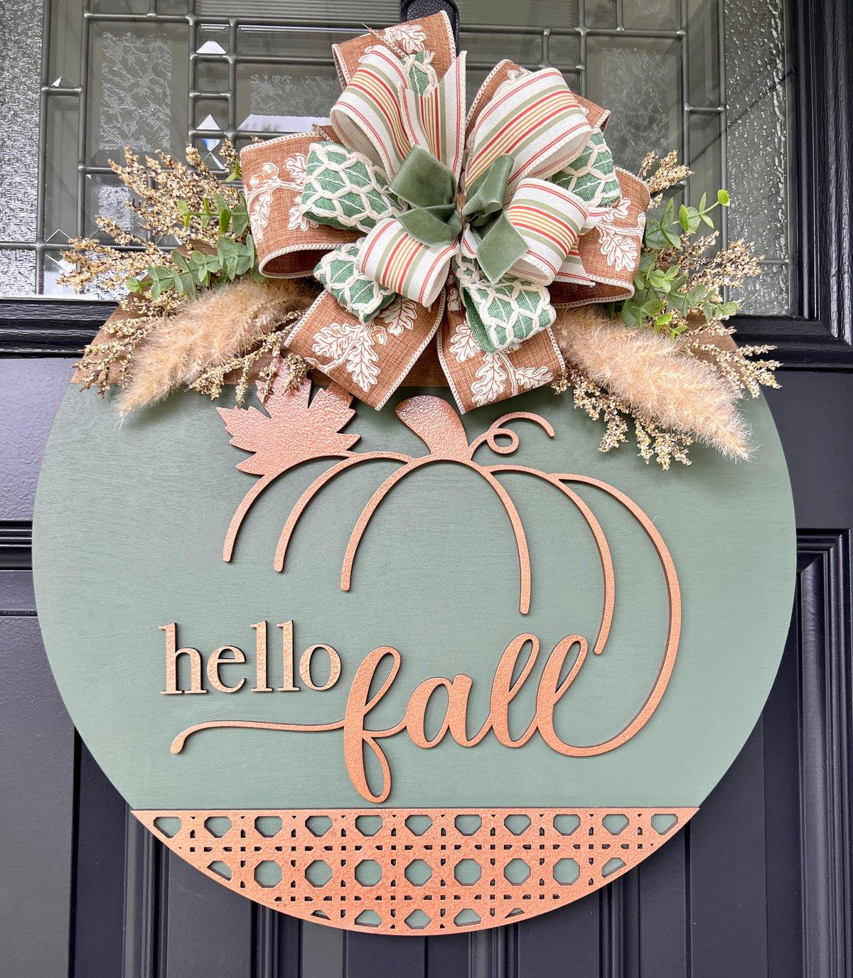 Heirloom Sage and Copper Hello Fall Pumpkin Door Hanger - bow detail