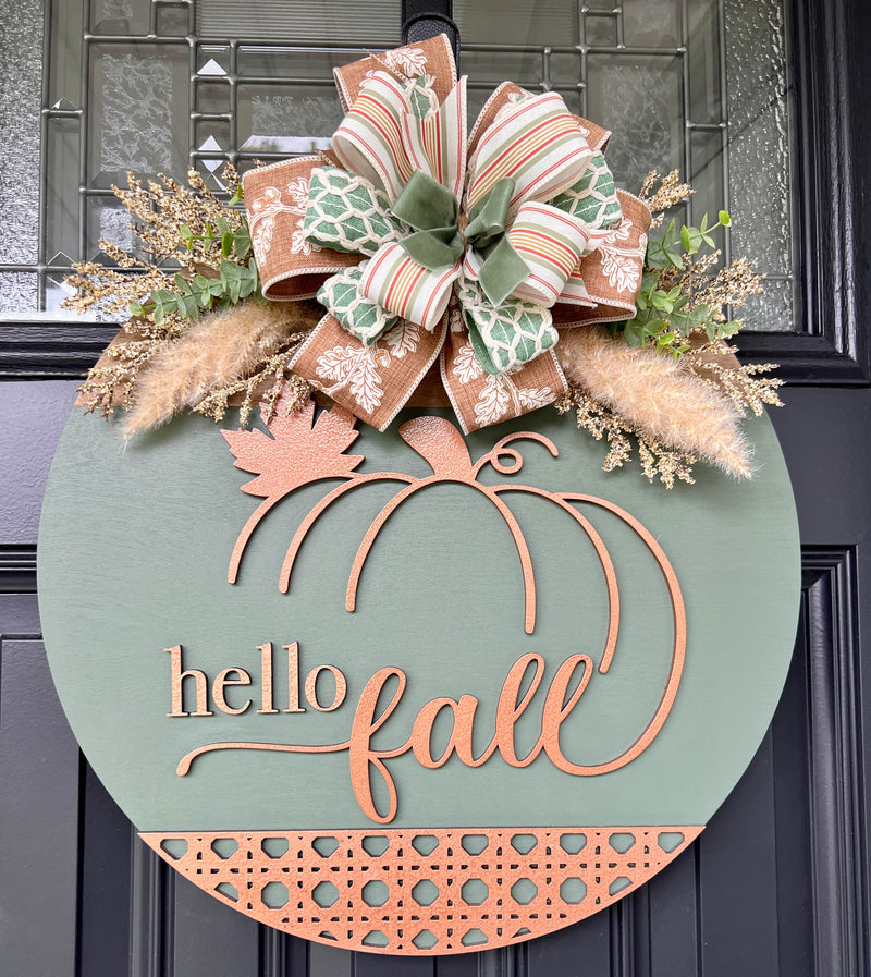 Heirloom Sage and Copper Hello Fall Pumpkin Door Hanger - laser cut border detail