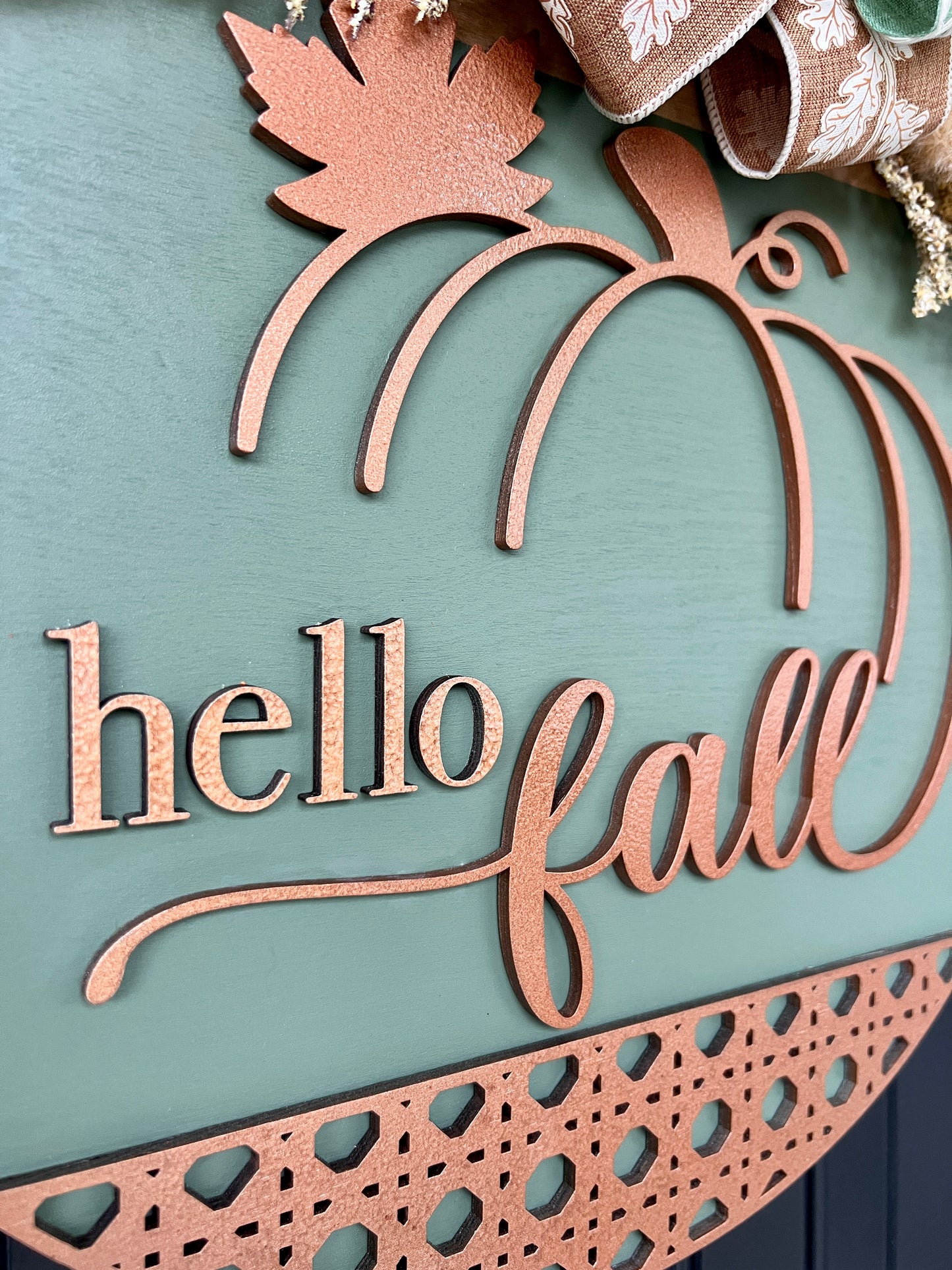 Heirloom Sage and Copper Hello Fall Pumpkin Door Hanger - front view with bow