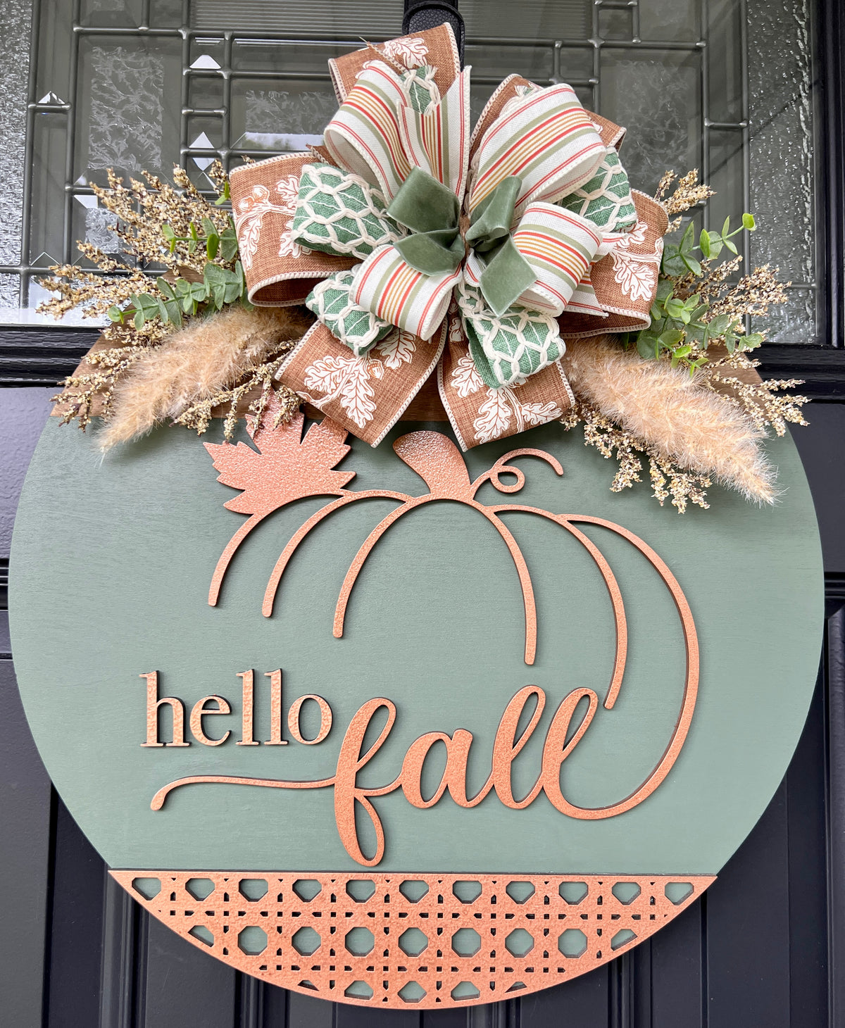 Heirloom Sage and Copper Hello Fall Pumpkin Door Hanger - side angle view