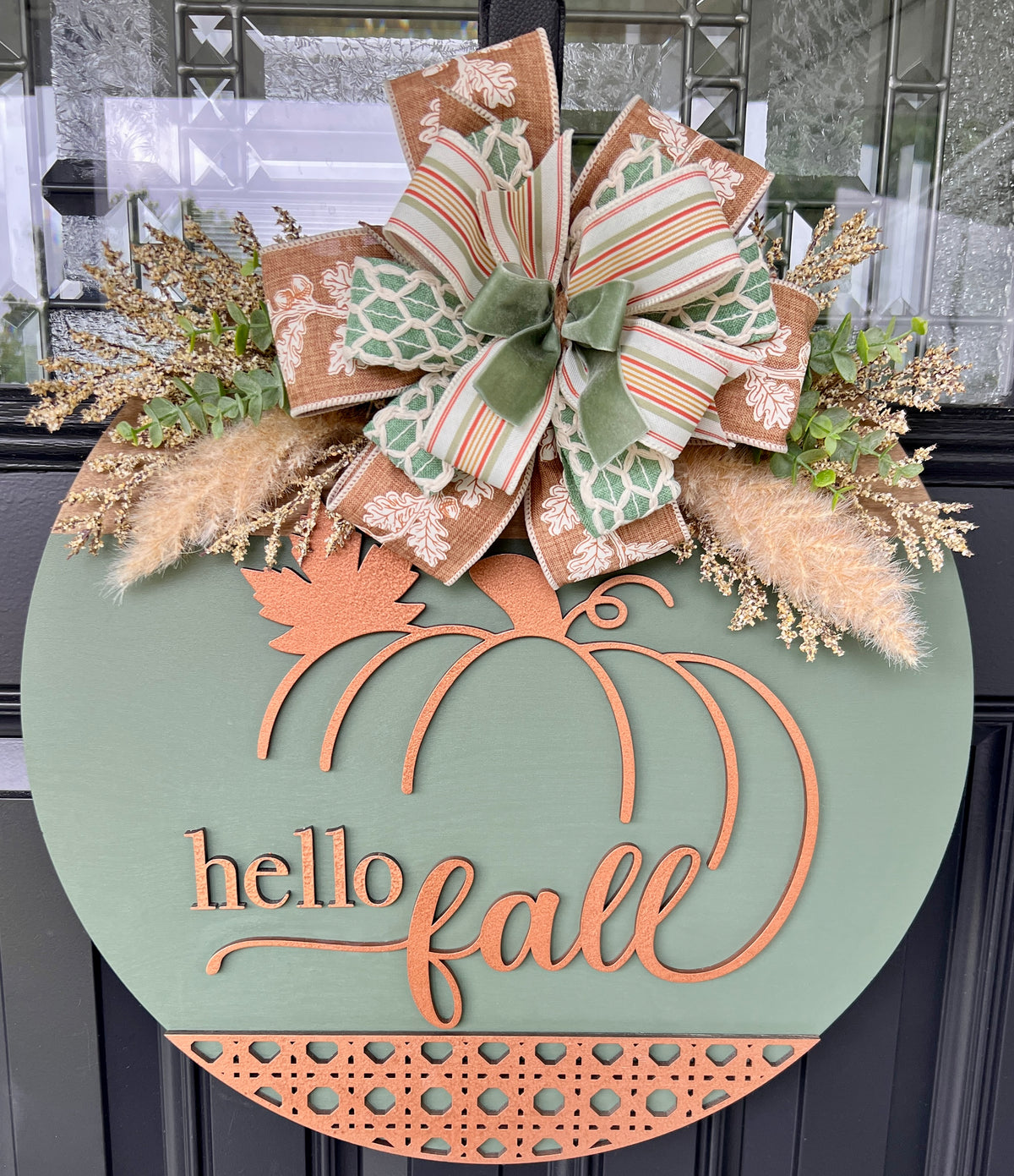 Heirloom Sage and Copper Hello Fall Pumpkin Door Hanger - close up of pumpkin detail