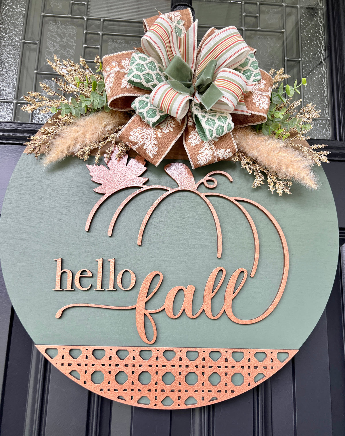 Heirloom Sage and Copper Hello Fall Pumpkin Door Hanger - close up of lettering