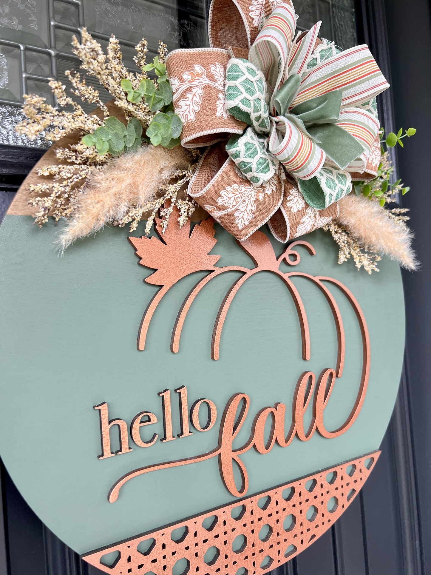 Heirloom Sage and Copper Hello Fall Pumpkin Door Hanger - full door display