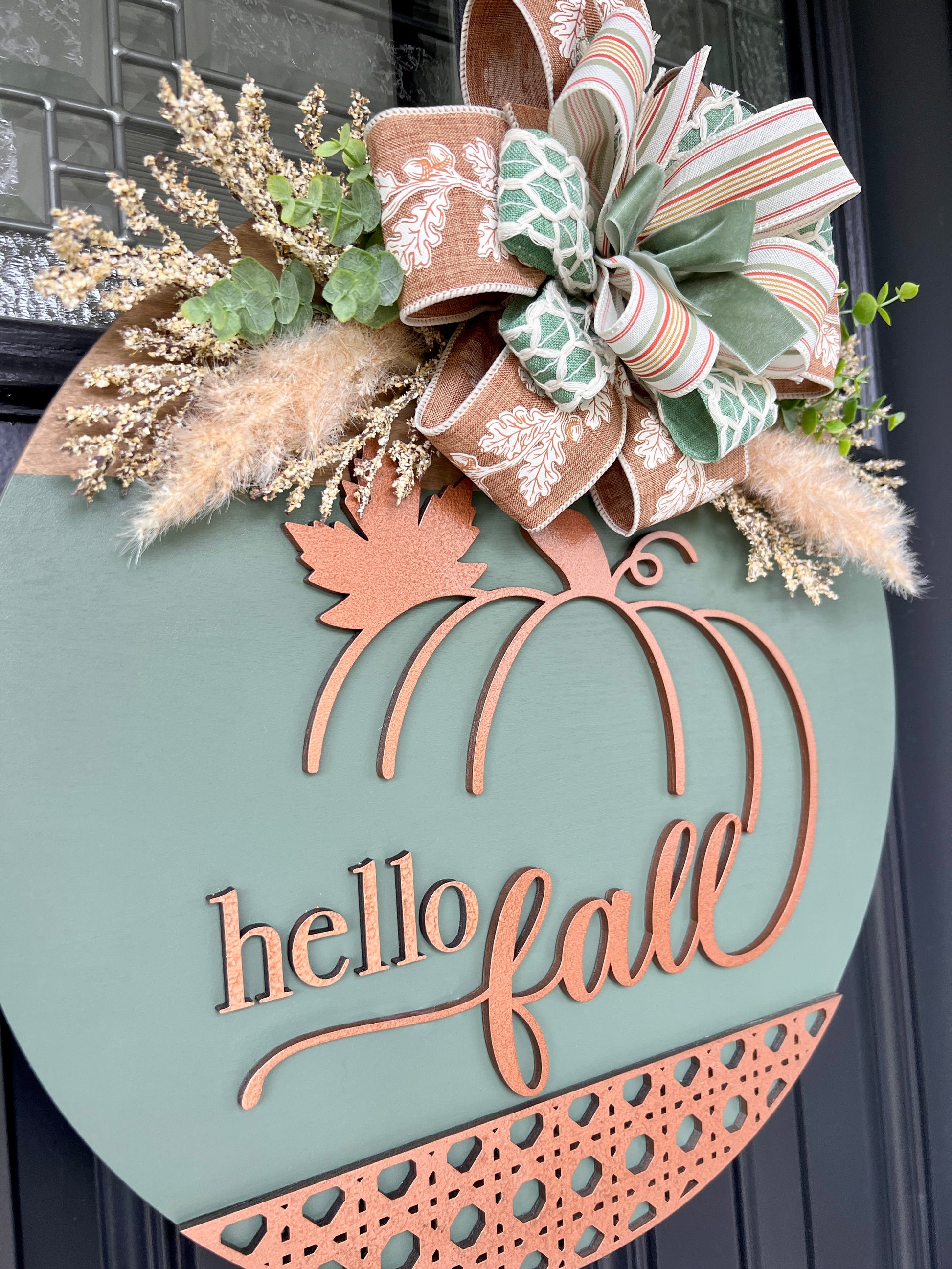 Heirloom Sage and Copper Hello Fall Pumpkin Door Hanger - full door display