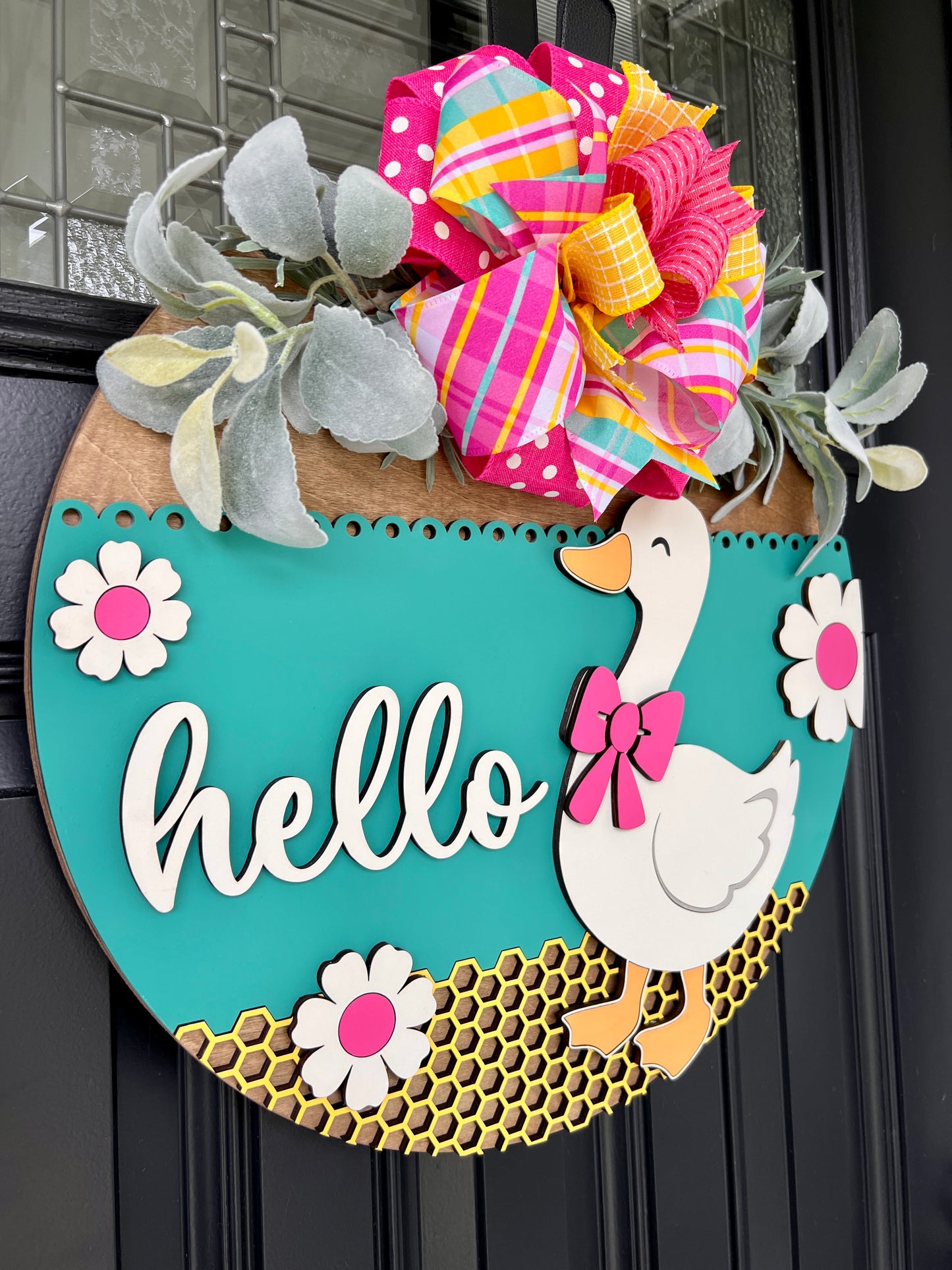 Hello Goose door hanger close up of white goose with pink bow tie and daisy florals