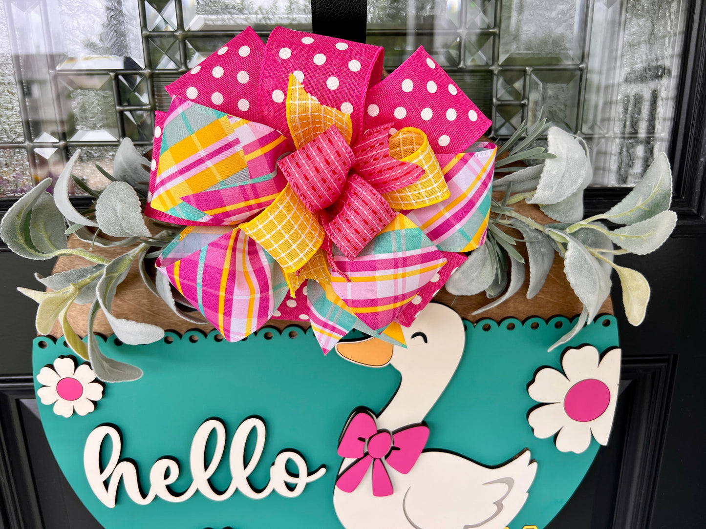 Hello Goose spring sign with lambs ear greenery and layered bow detail