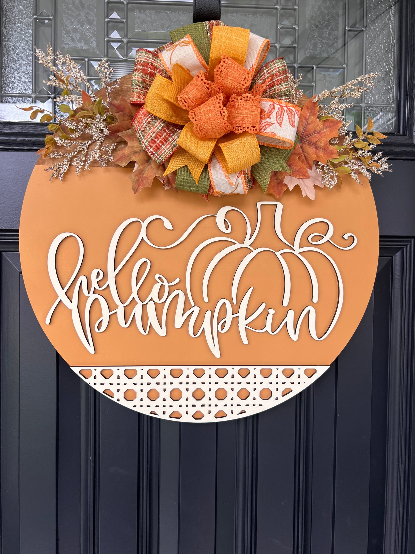 Hello Pumpkin fall door hanger full view on dark front door