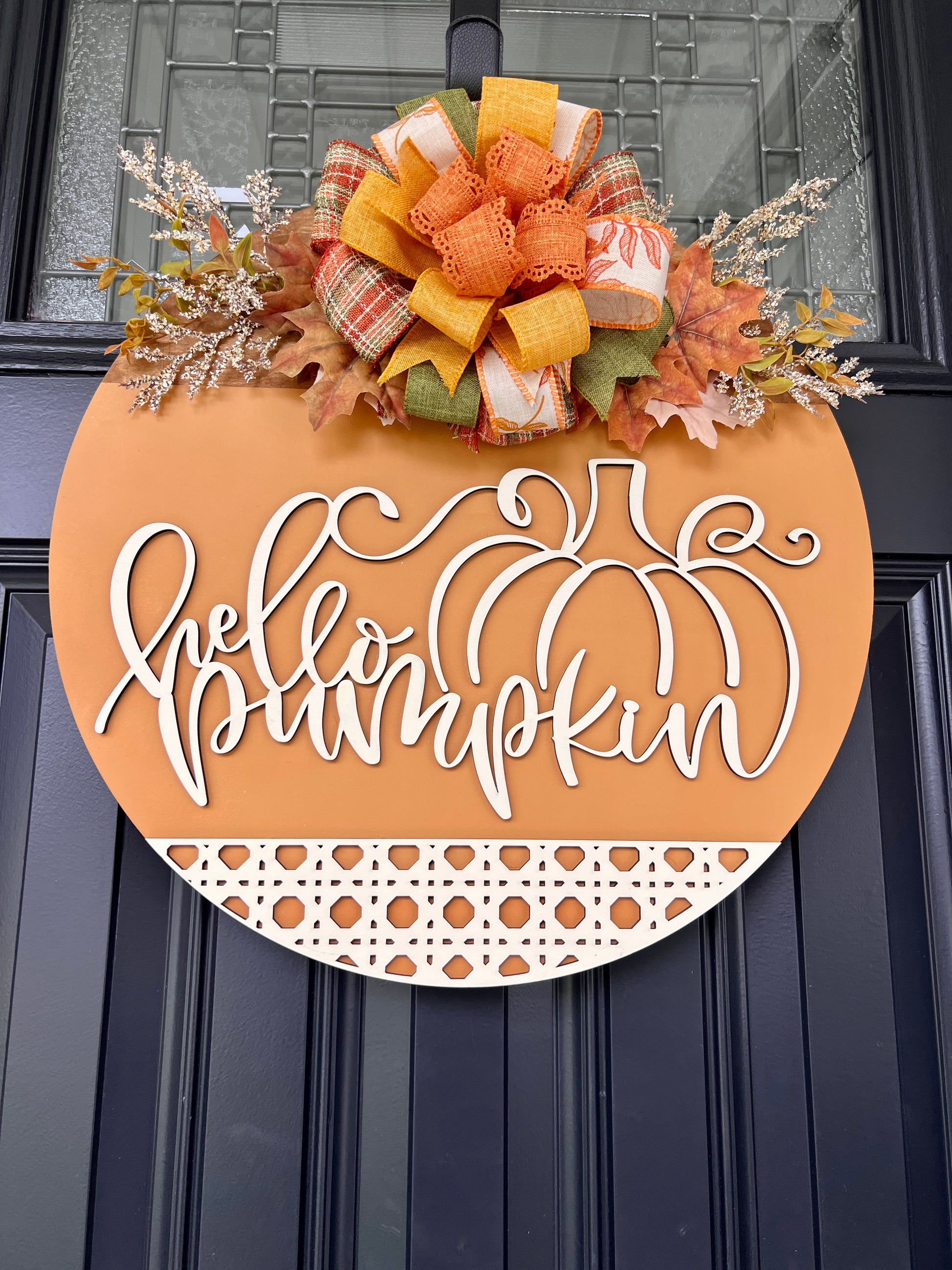 Hello Pumpkin door hanger side angle view