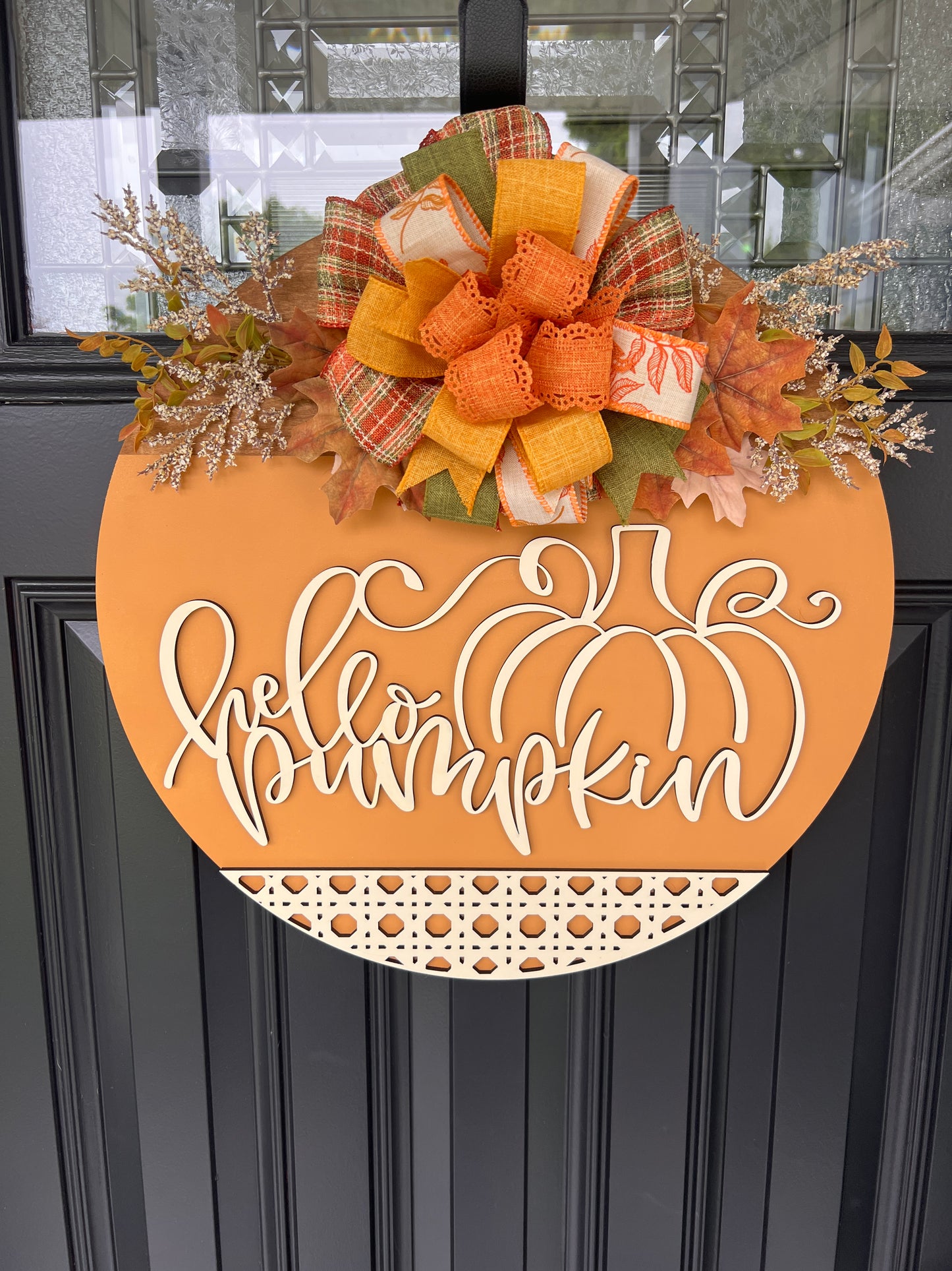 Hello Pumpkin door hanger cane weave base detail