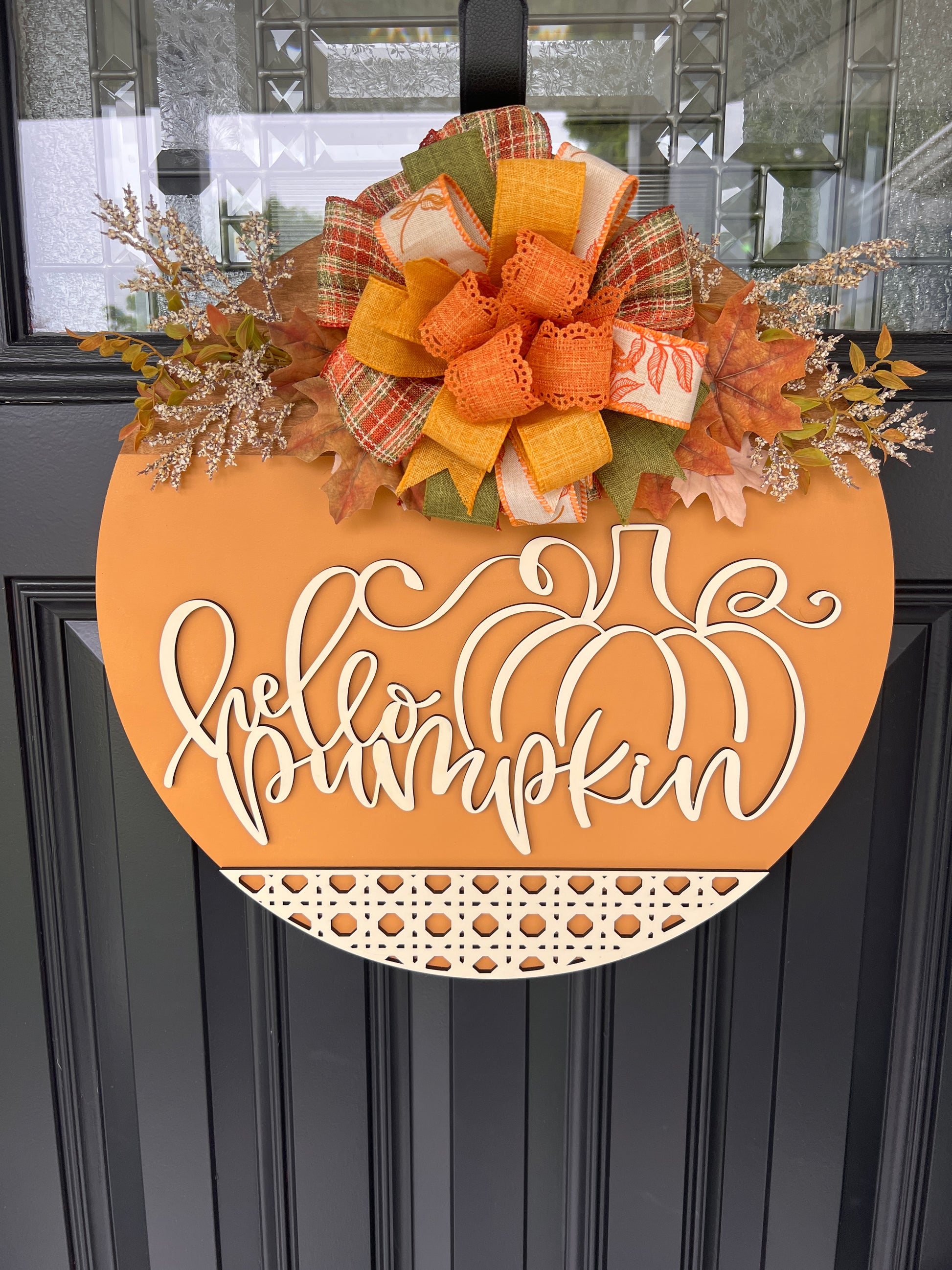 Hello Pumpkin door hanger cane weave base detail