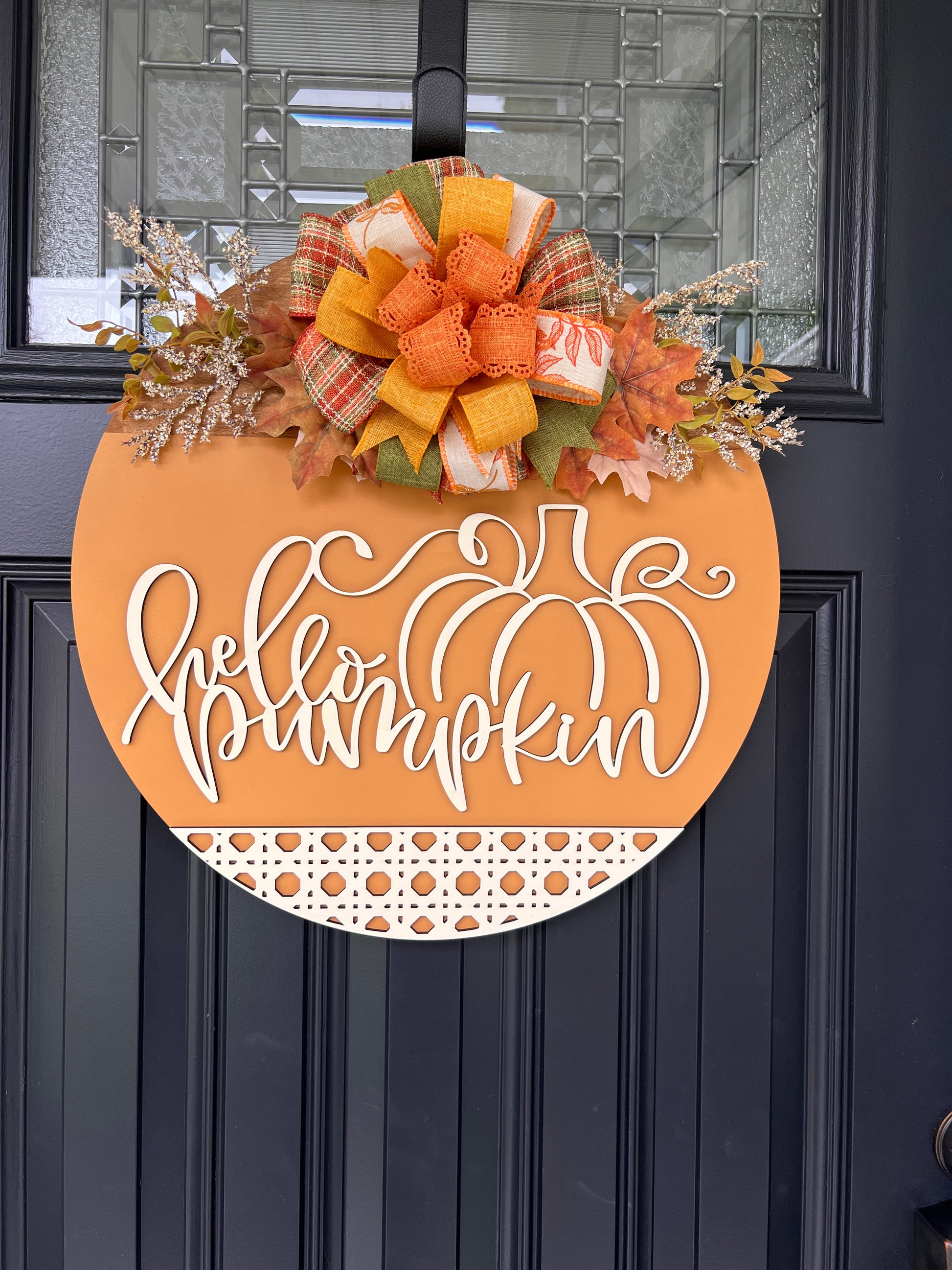 Hello Pumpkin fall door hanger full door view with fall foliage