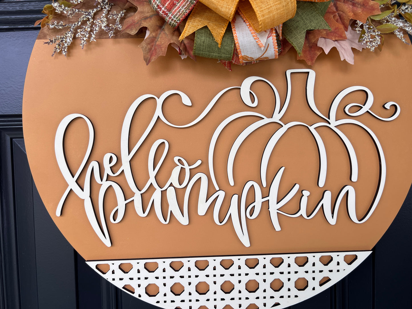 Hello Pumpkin birchwood door hanger with pumpkin laser cut design and cane weave detail
