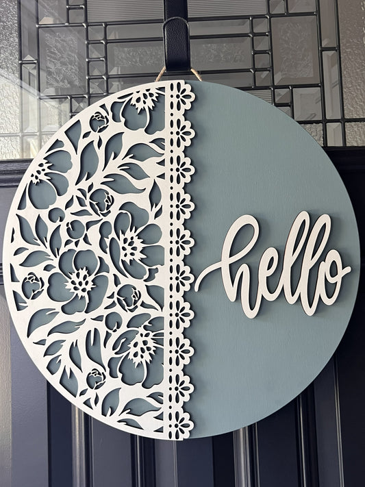lue hello door hanger with white floral lace with birchwood overlay