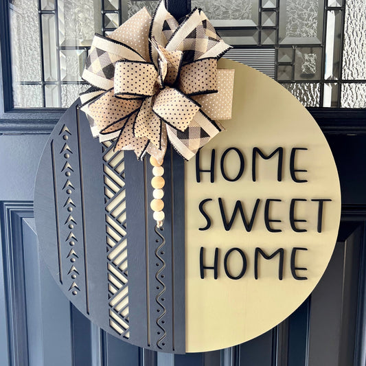 Home sweet home door hanger with neutral oatmeal and black boho farmhouse design, handcrafted wooden front door decor