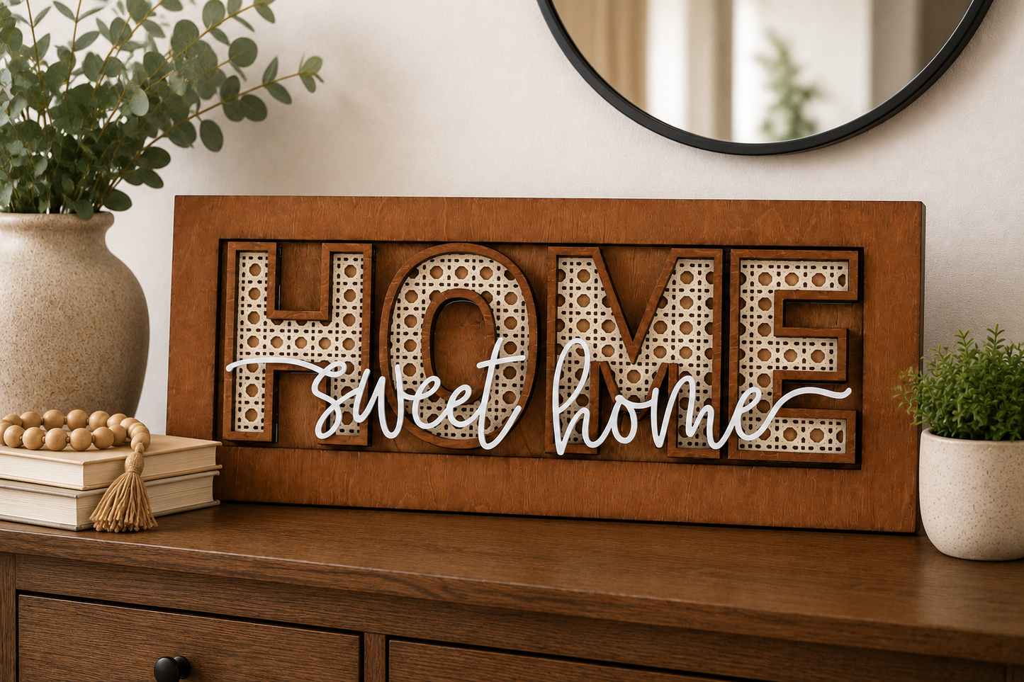 Home Sweet Home Layered Wood Sign | Rattan Farmhouse Decor | Entryway Sign | Housewarming Gift