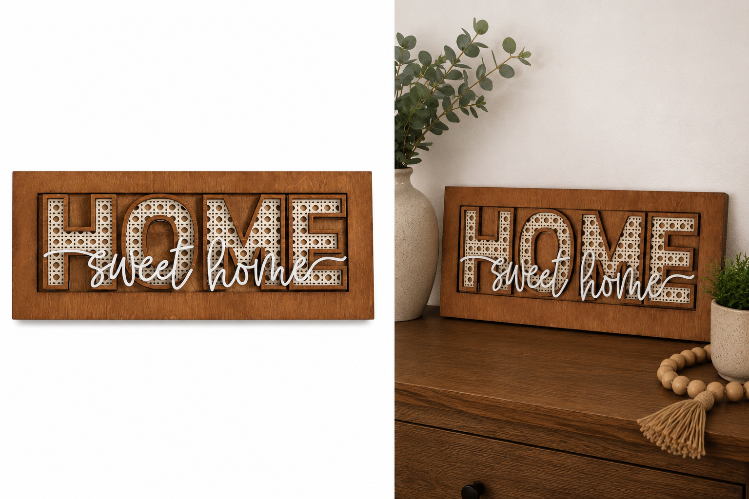 Home Sweet Home layered wood sign flat lay and lifestyle view showing warm stained rattan design with white script overlay in farmhouse setting