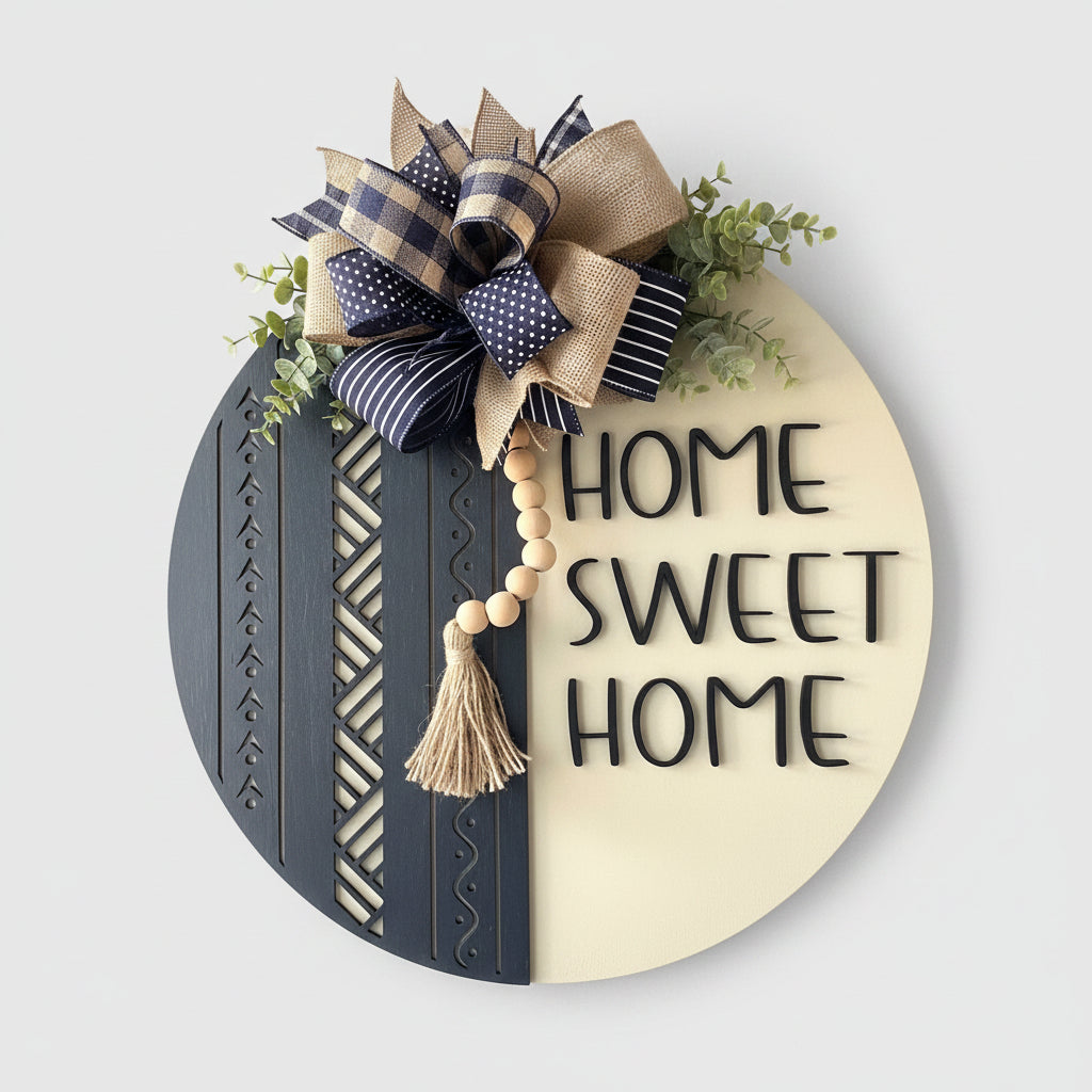 home sweet home door hanger with dark blue  geometric wood design and neutral background