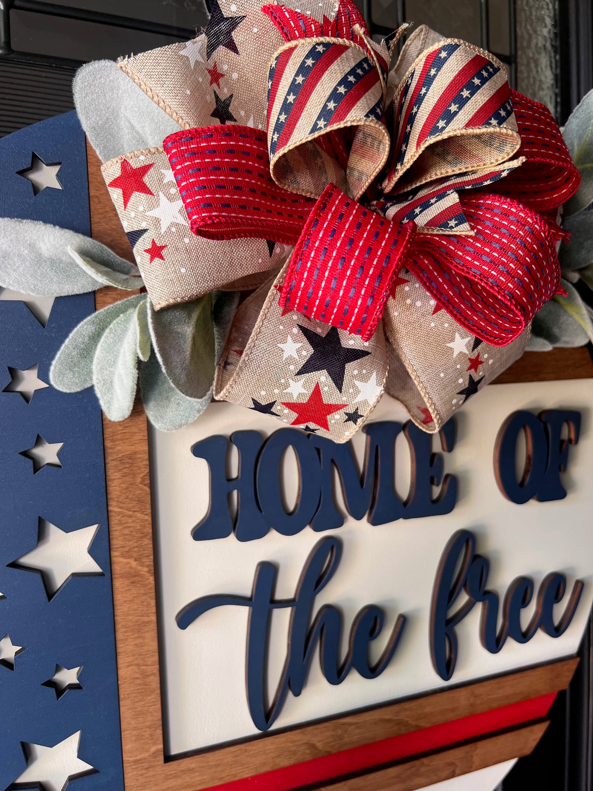 Home of the Free Patriotic Door Hanger – 18” Wooden American Flag Front Door Decor with Bow