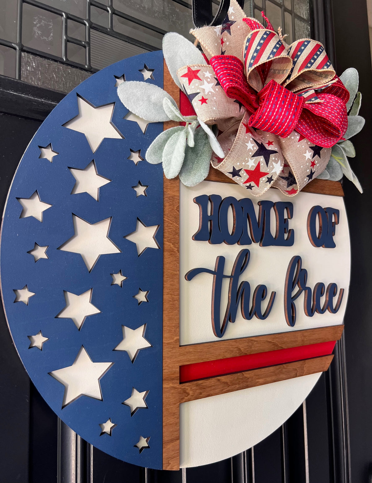 Home of the Free Patriotic Door Hanger – 18” Wooden American Flag Front Door Decor with Bow