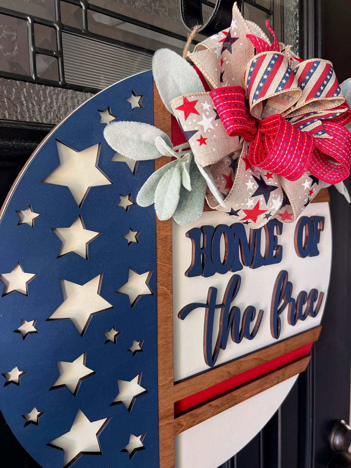 Home of the Free Patriotic Door Hanger – 18” Wooden American Flag Front Door Decor with Bow