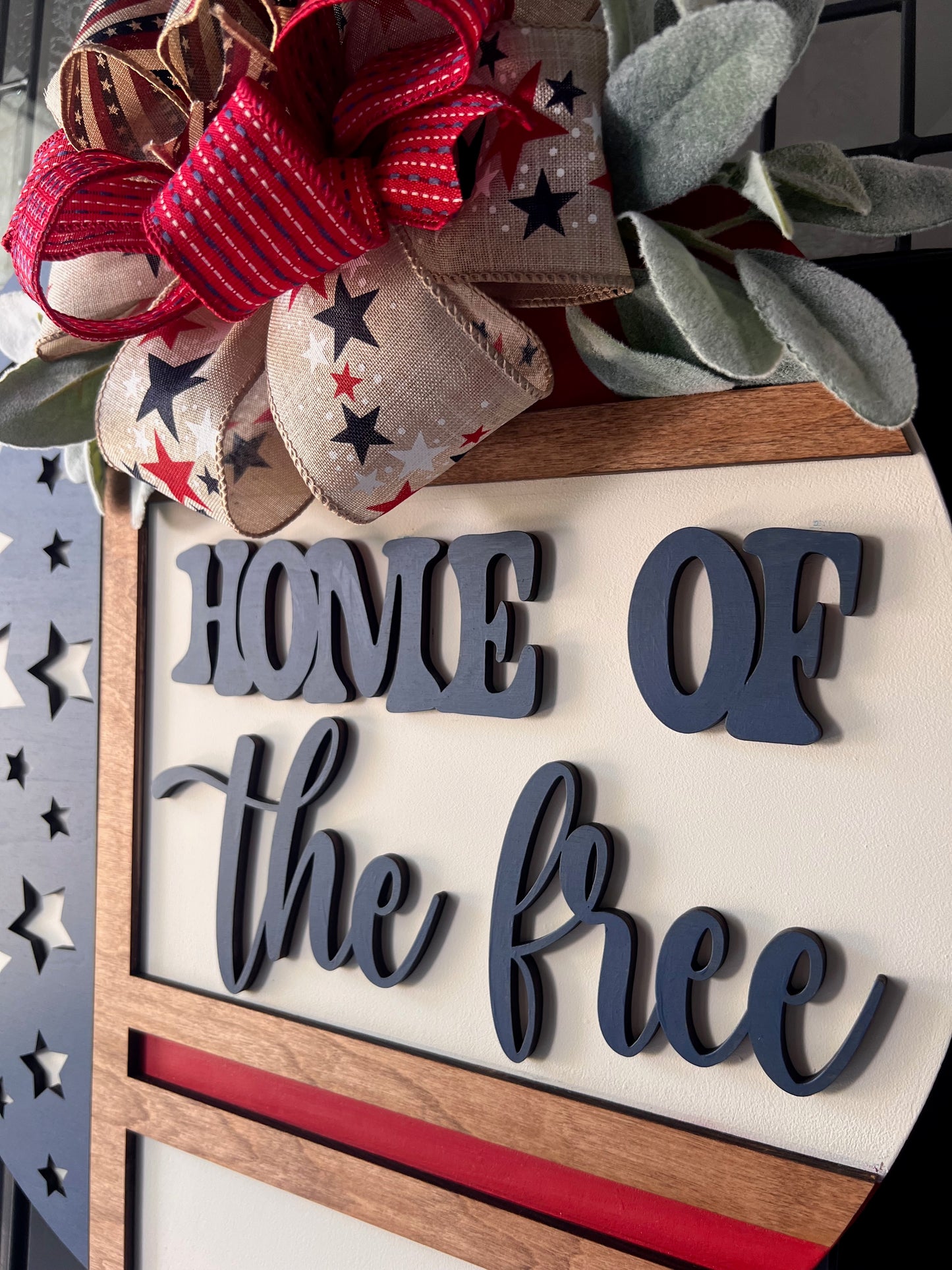 Home of the Free Patriotic Door Hanger – 18” Wooden American Flag Front Door Decor with Bow