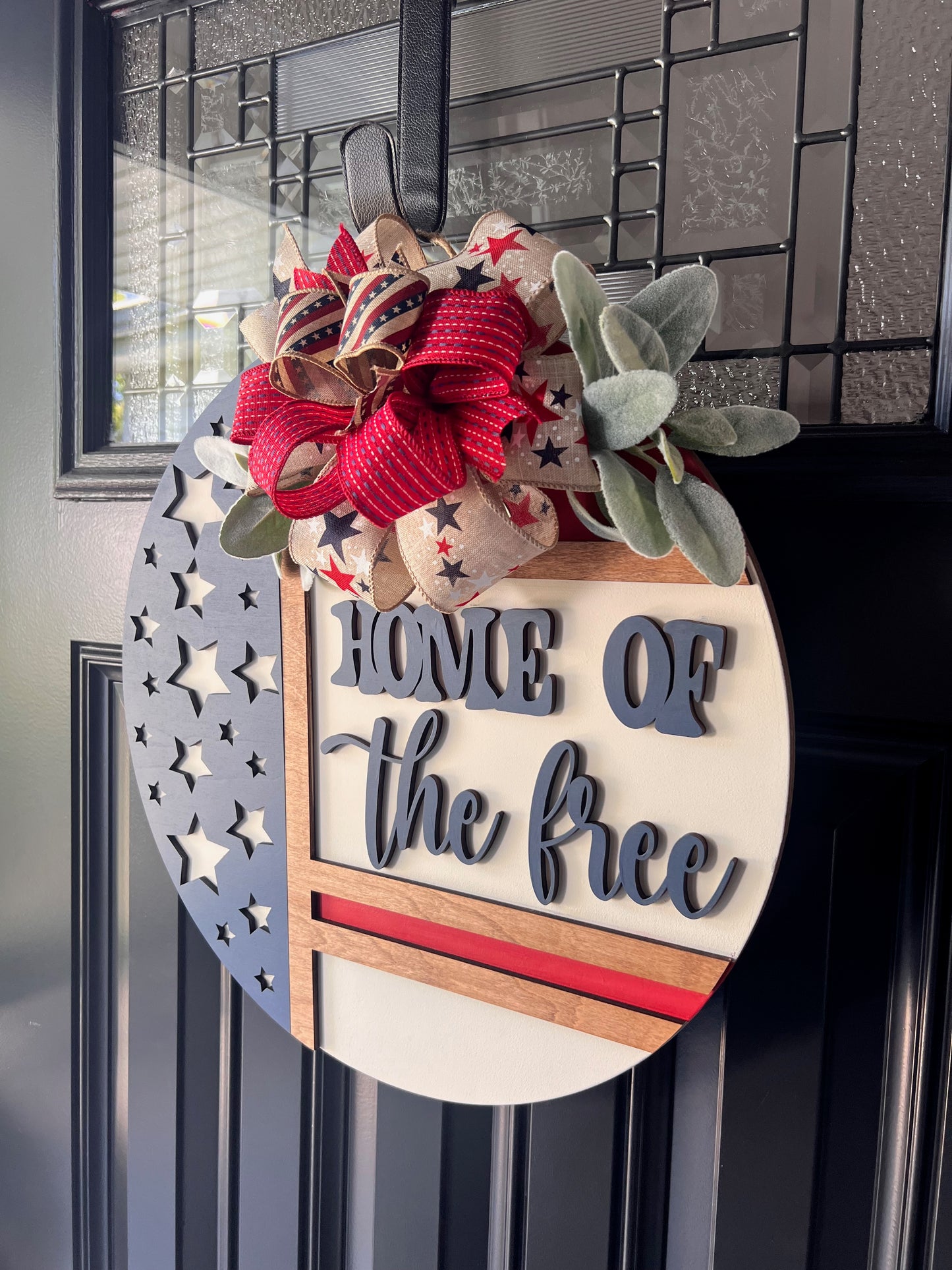 Home of the Free Patriotic Door Hanger – 18” Wooden American Flag Front Door Decor with Bow