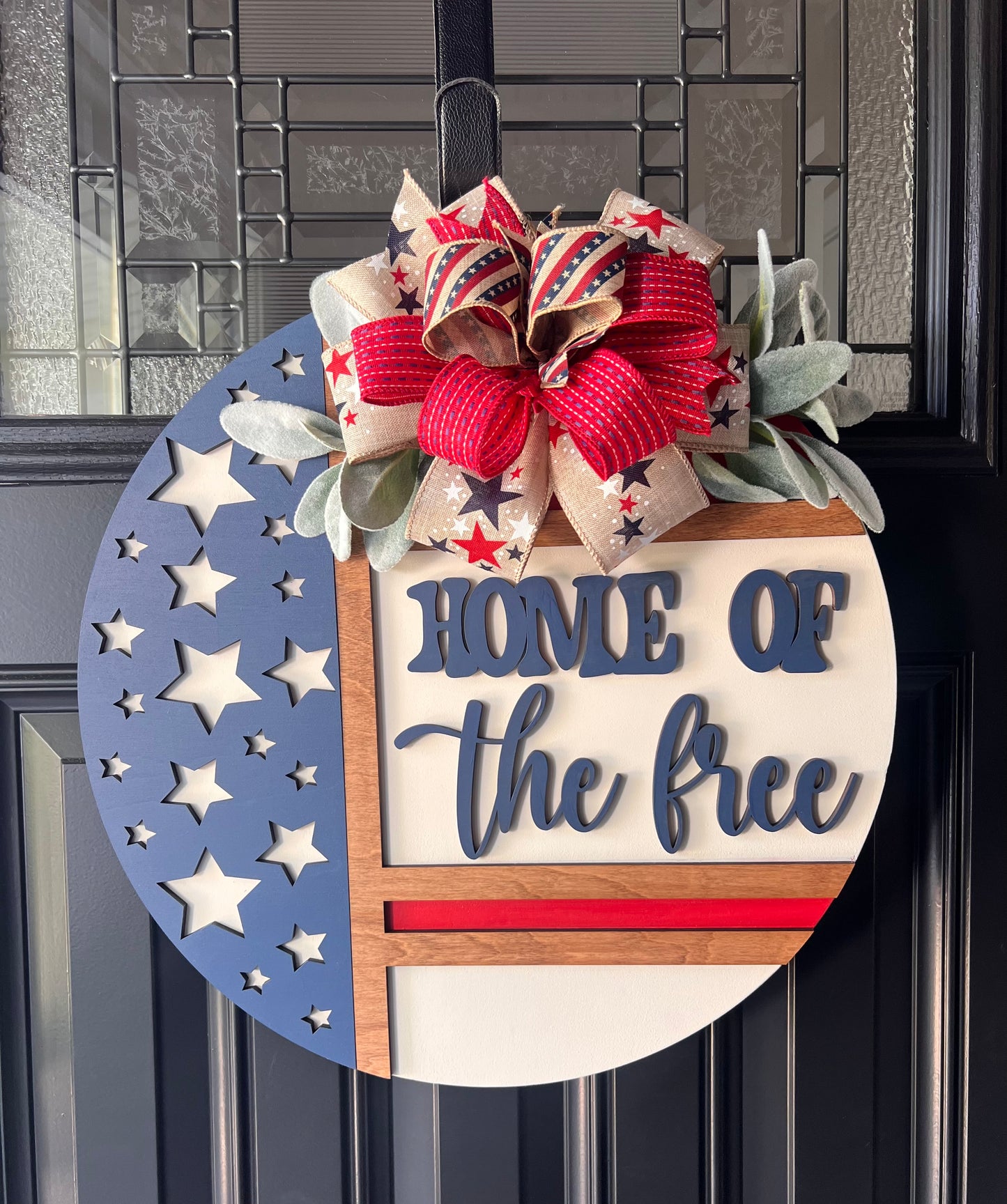 Patriotic “Home of the Free” Wooden Door Hanger – 18” Round
