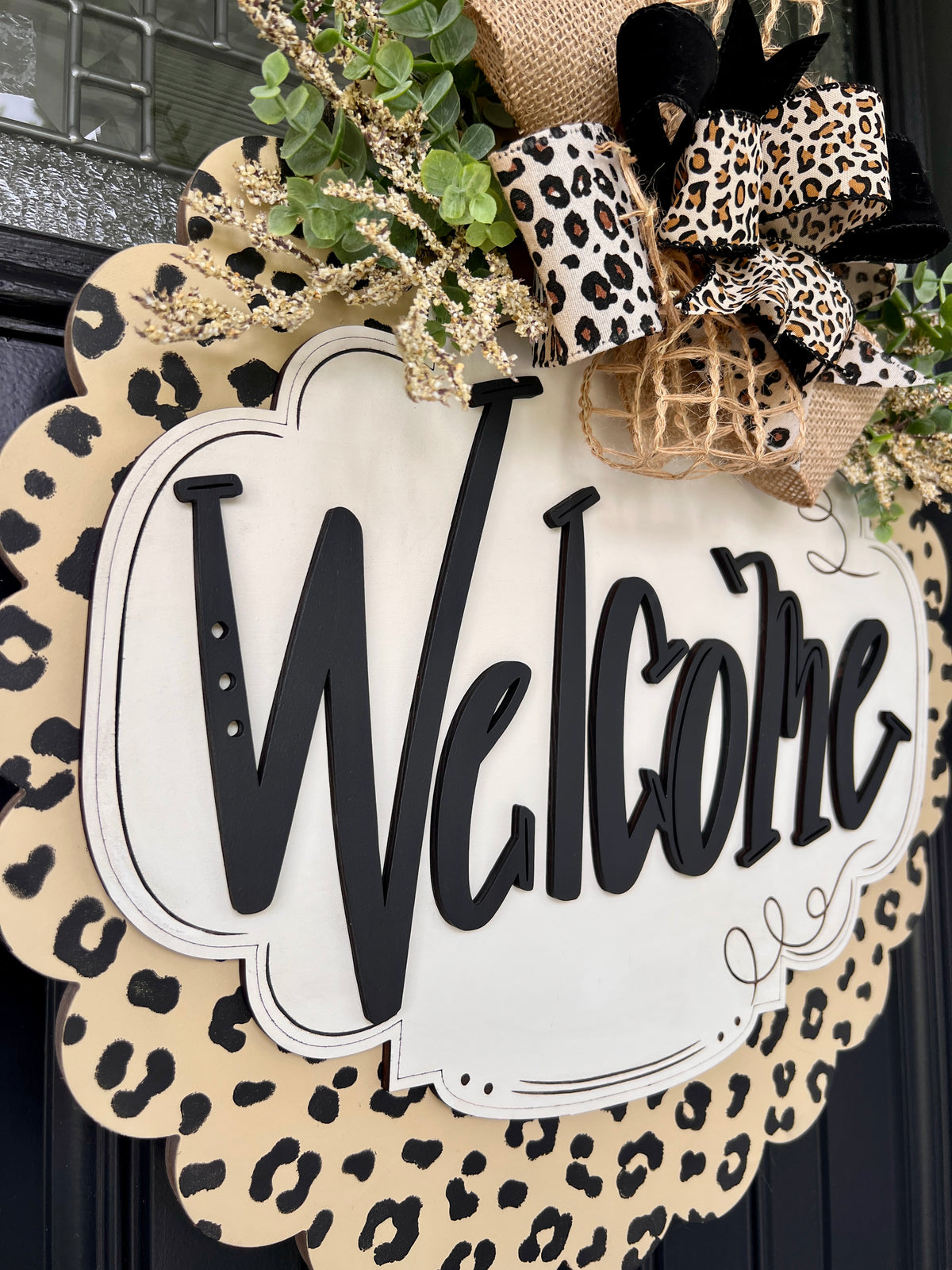 Leopard print Welcome door hanger bow detail with black velvet ribbon
